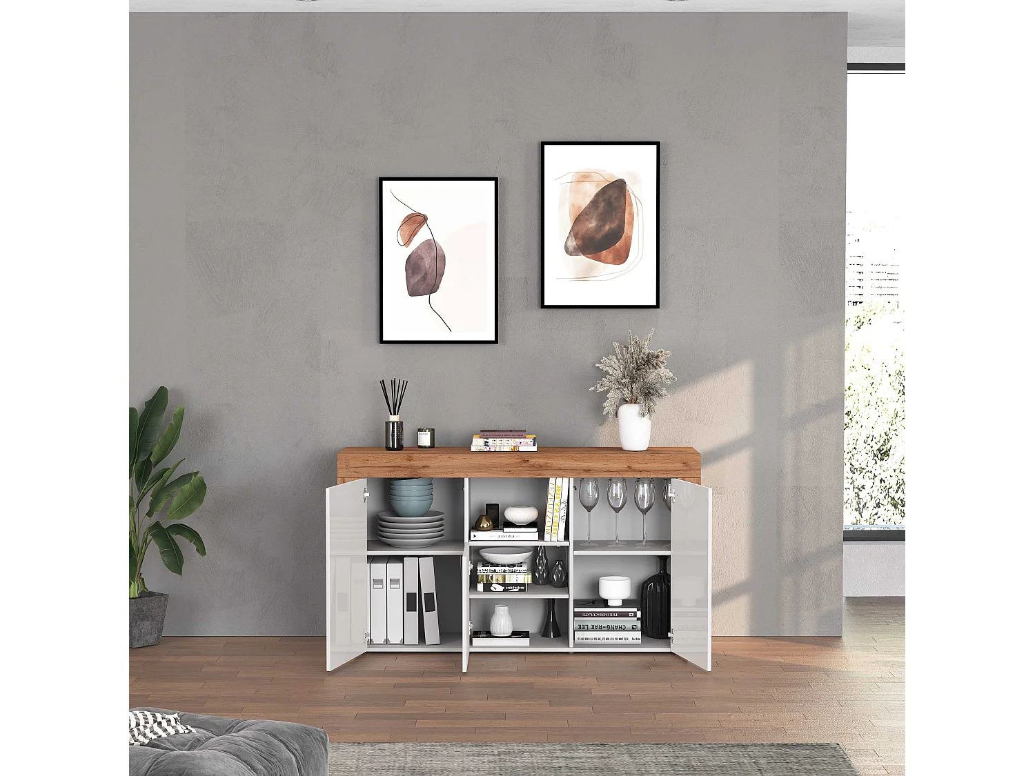 Aparador Chronos con 3 puertas y 1 compartimento blanco brillo y roble 155x40x85 cm