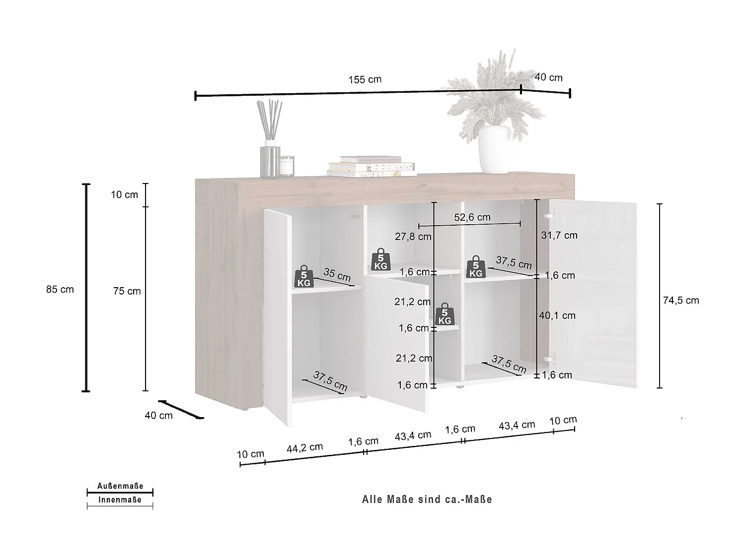 Aparador Chronos con 3 puertas y 1 compartimento blanco brillo y roble 155x40x85 cm
