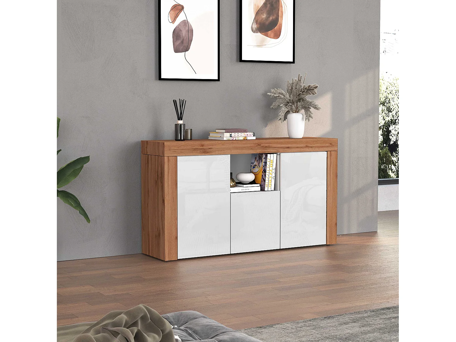 Aparador Chronos con 3 puertas y 1 compartimento blanco brillo y roble 155x40x85 cm
