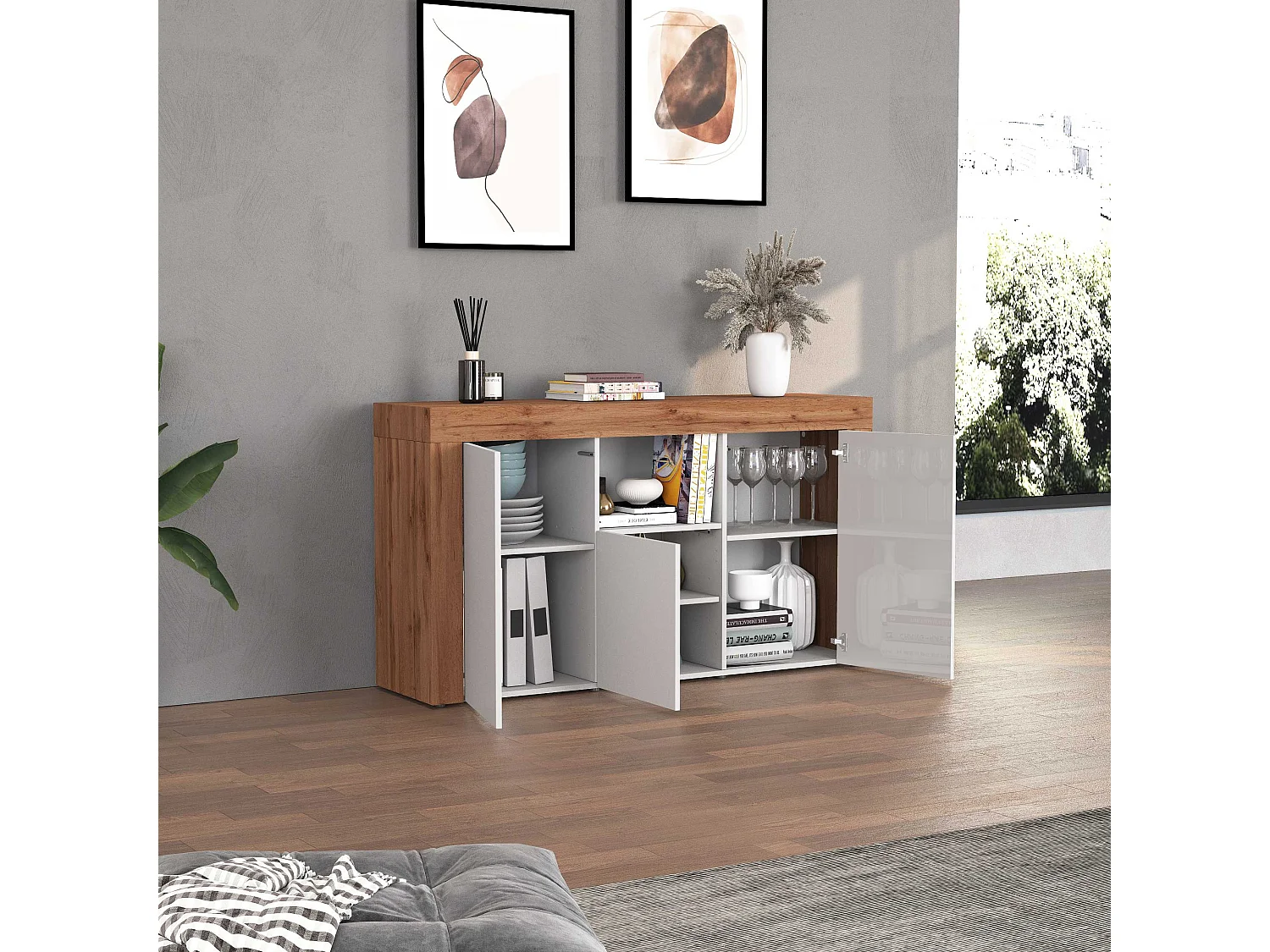 Aparador Chronos con 3 puertas y 1 compartimento blanco brillo y roble 155x40x85 cm