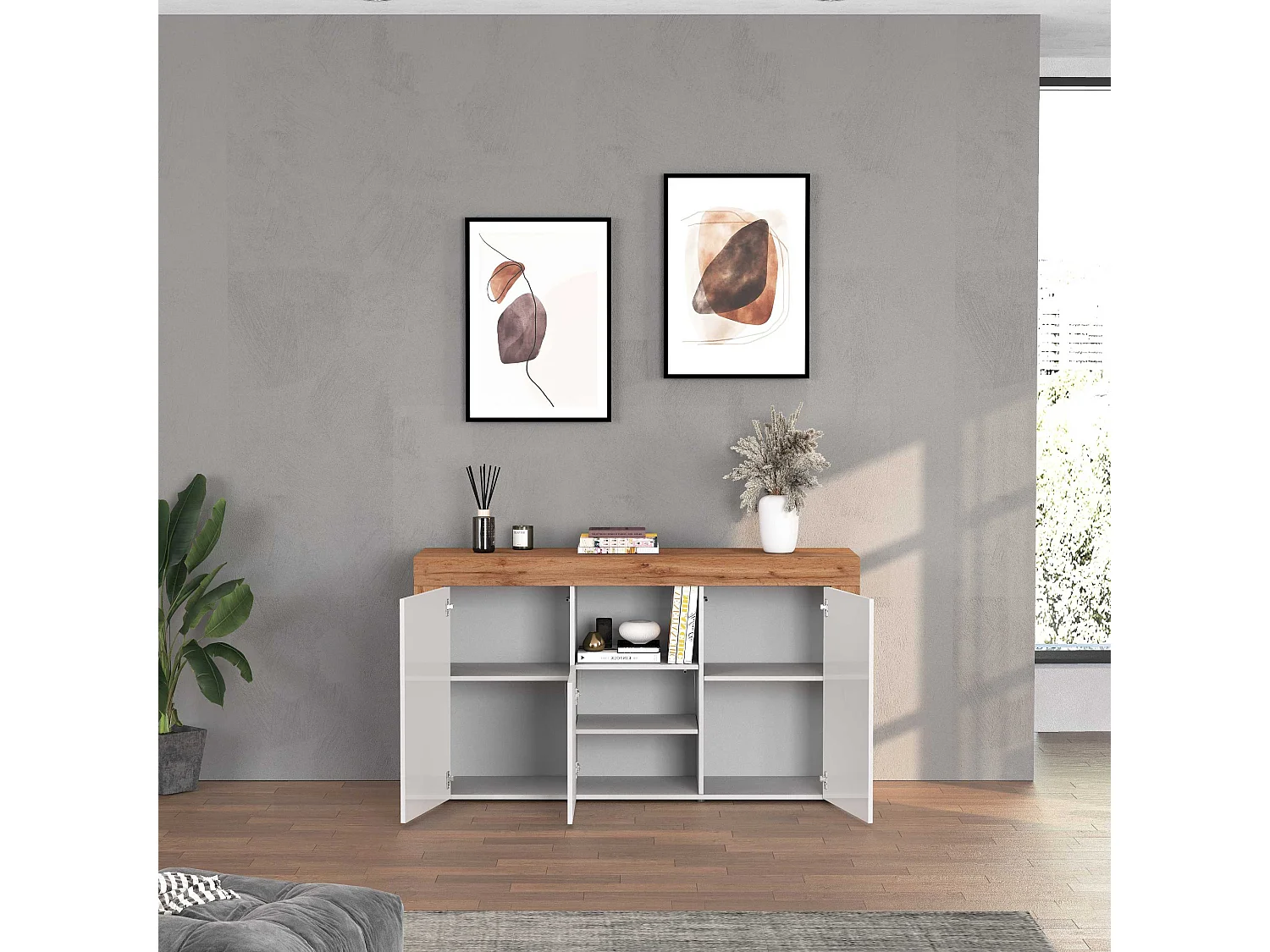 Aparador Chronos con 3 puertas y 1 compartimento blanco brillo y roble 155x40x85 cm