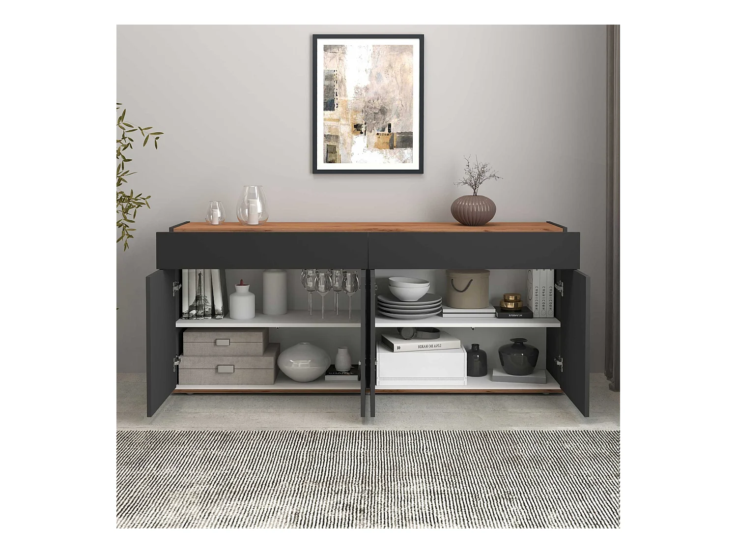 Credenza Garda 4 ante e 2 cassetti antracite opaco e rovere 160,1x35x70 cm