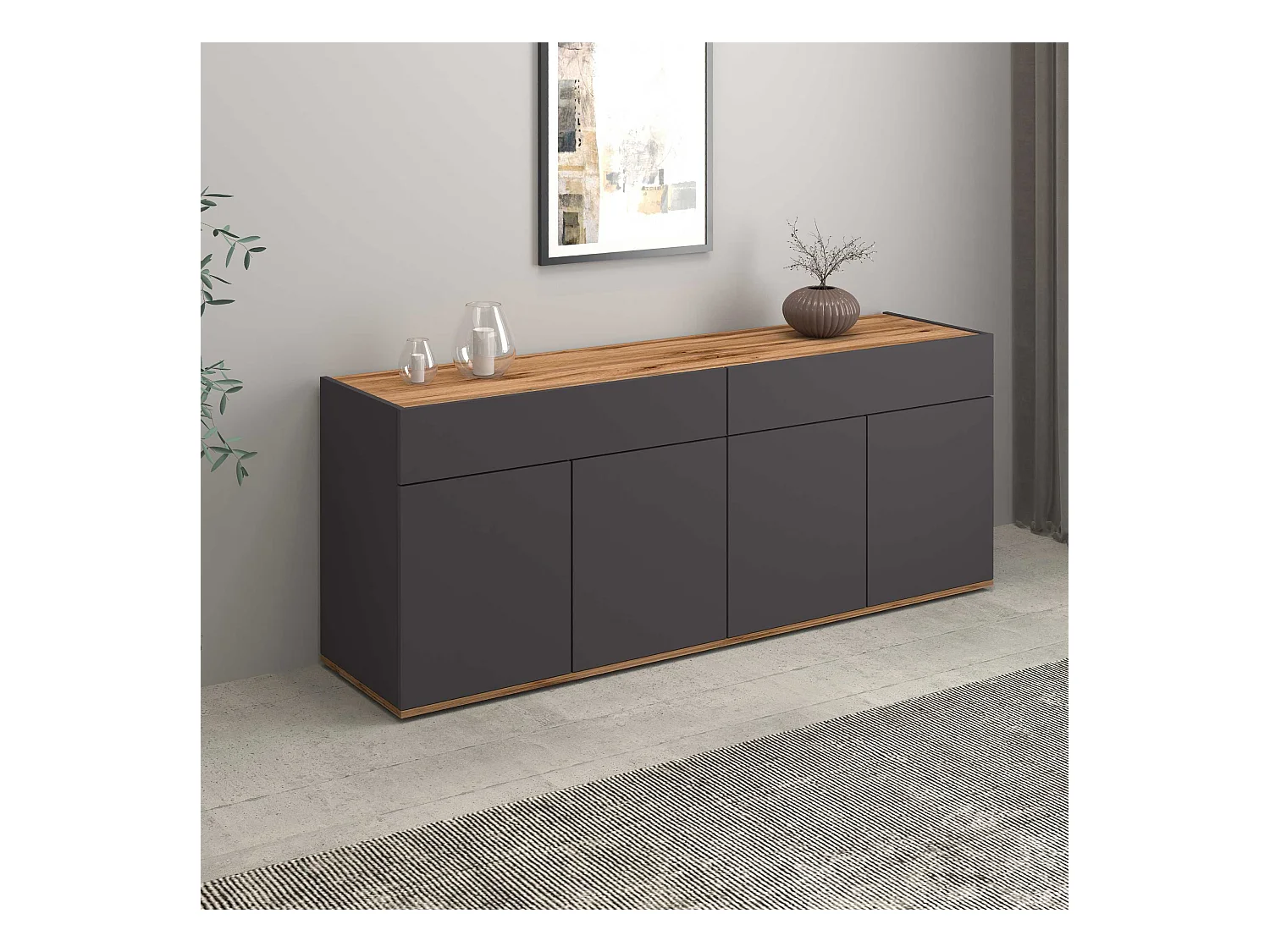 Credenza Garda 4 ante e 2 cassetti antracite opaco e rovere 160,1x35x70 cm