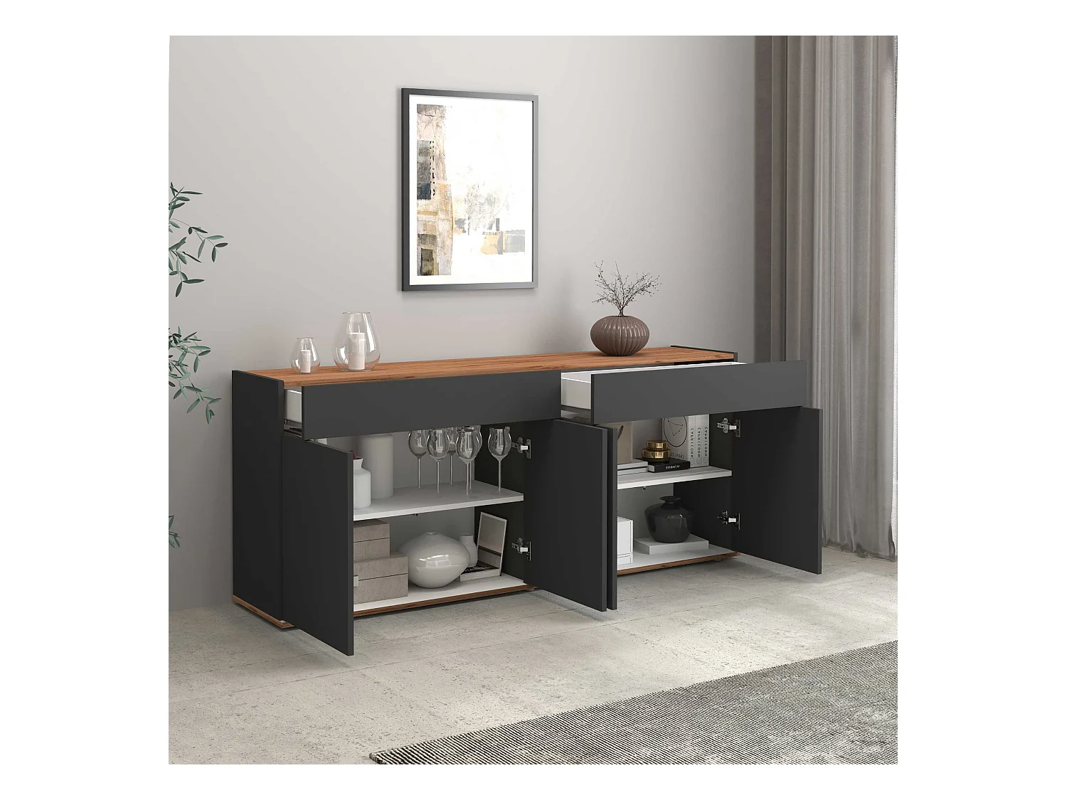 Credenza Garda 4 ante e 2 cassetti antracite opaco e rovere 160,1x35x70 cm