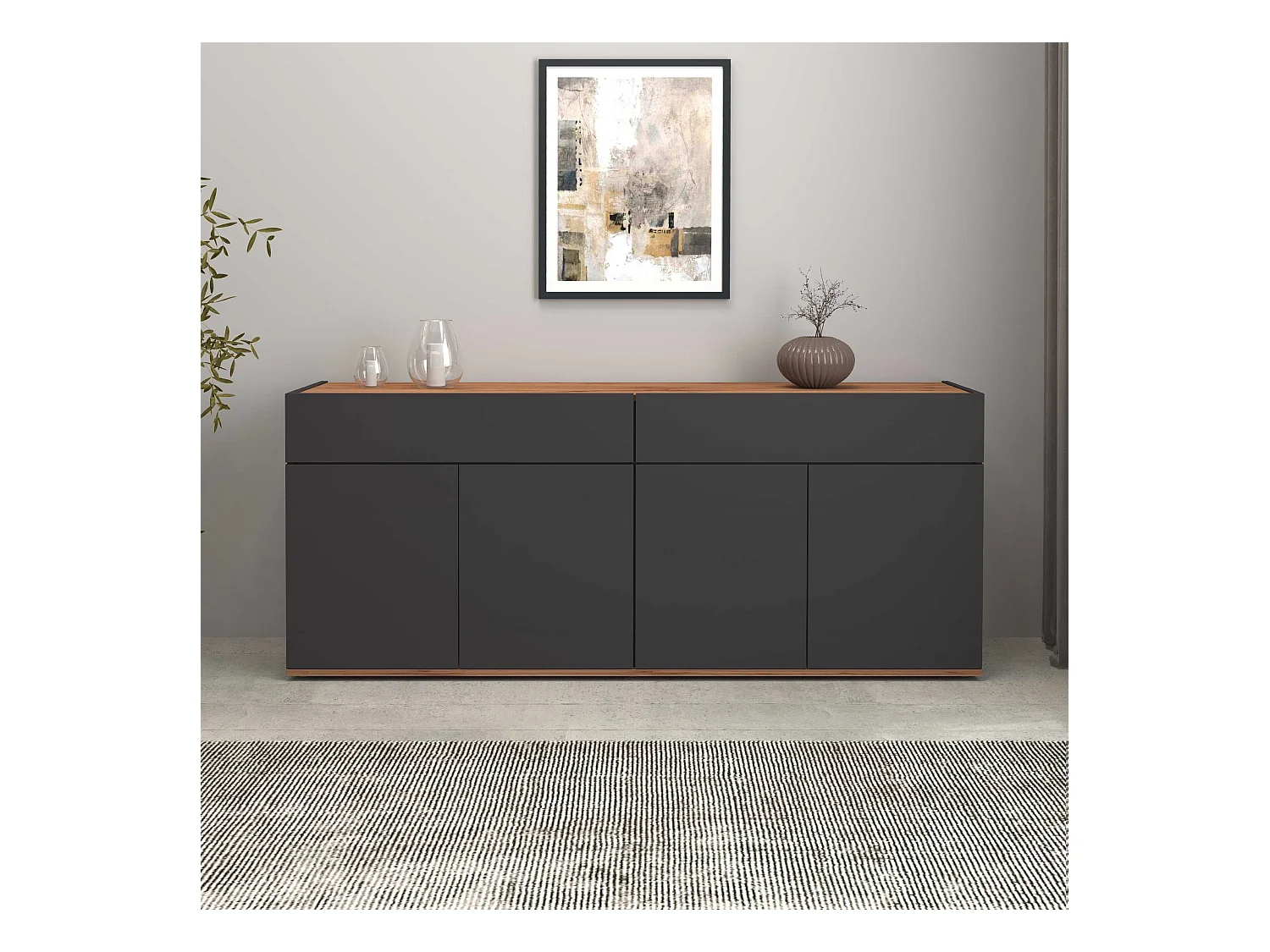 Credenza Garda 4 ante e 2 cassetti antracite opaco e rovere 160,1x35x70 cm