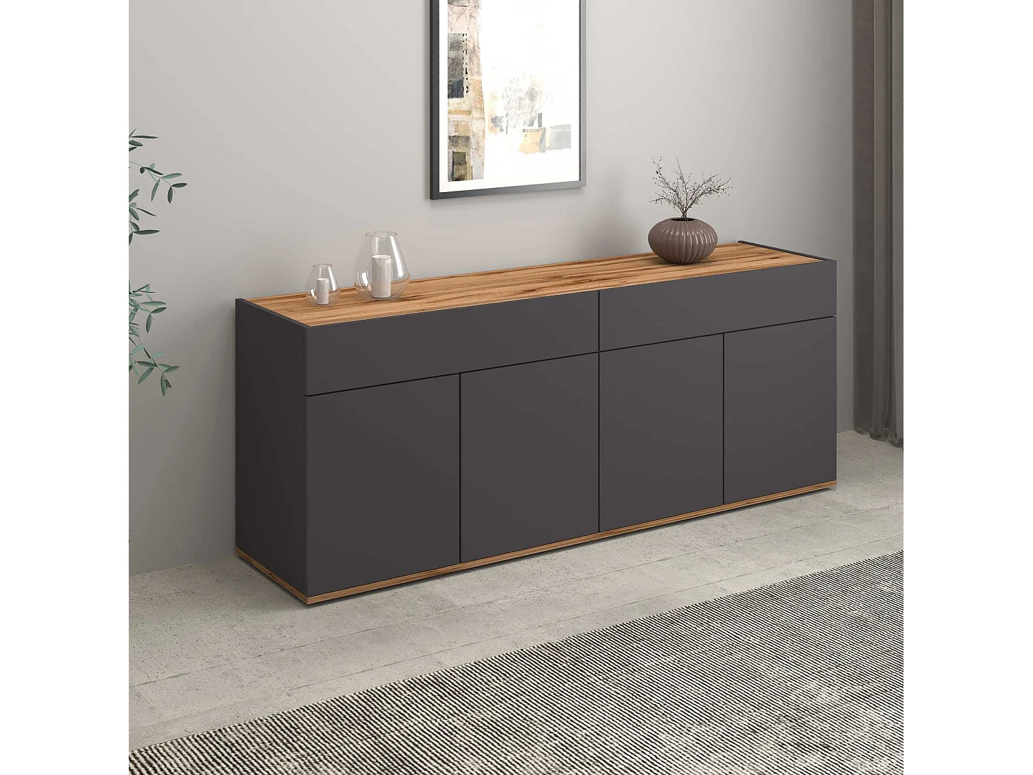 Credenza Garda 4 ante e 2 cassetti antracite opaco e rovere 160,1x35x70 cm
