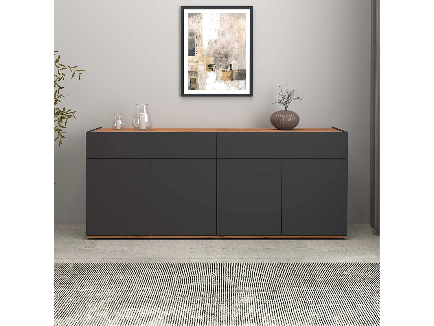 Credenza Garda 4 ante e 2 cassetti antracite opaco e rovere 160,1x35x70 cm