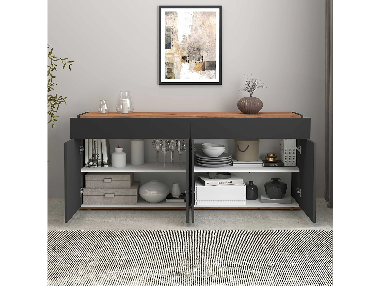 Credenza Garda 4 ante e 2 cassetti antracite opaco e rovere 160,1x35x70 cm