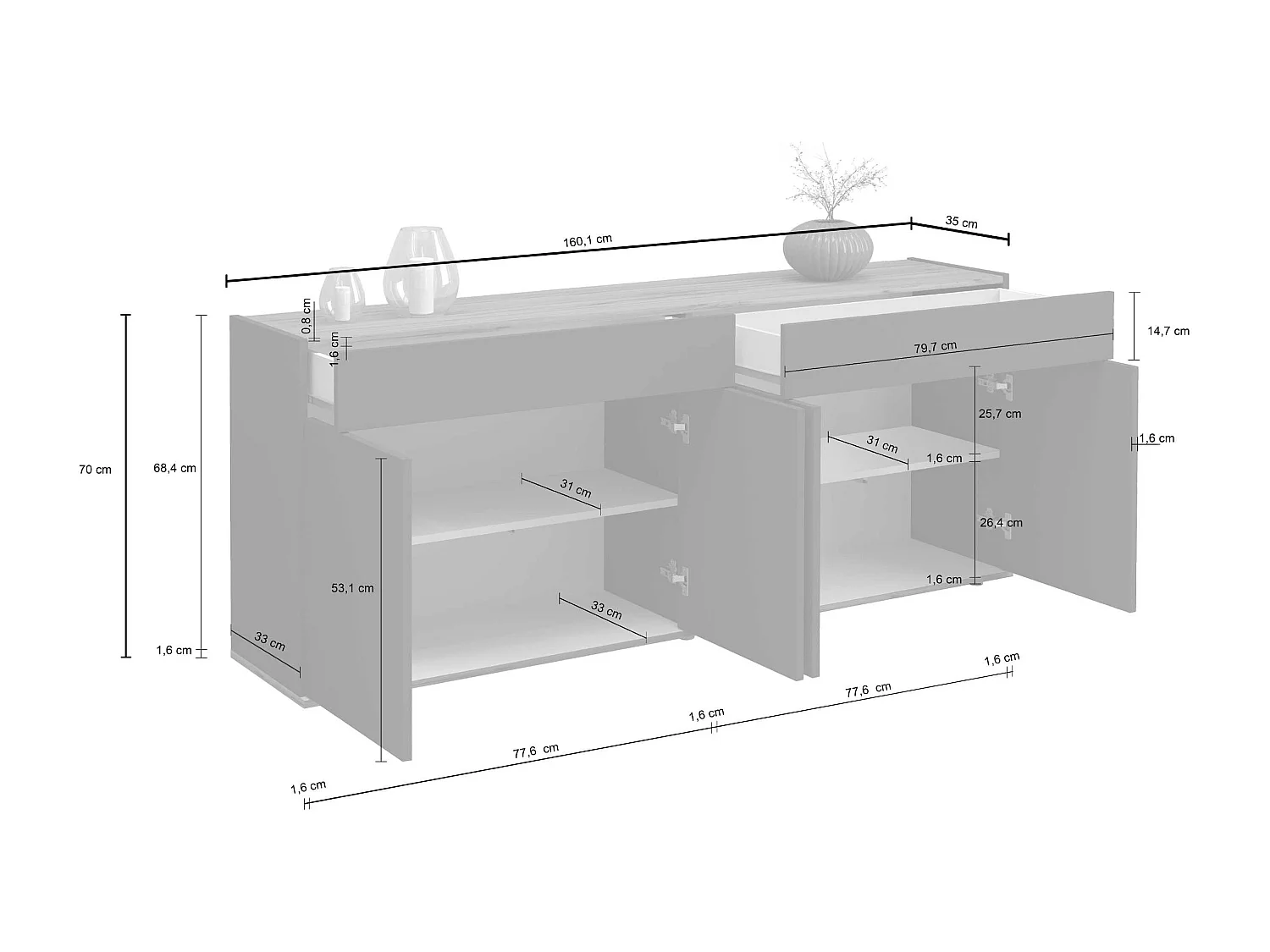 Credenza Garda 4 ante e 2 cassetti antracite opaco e rovere 160,1x35x70 cm