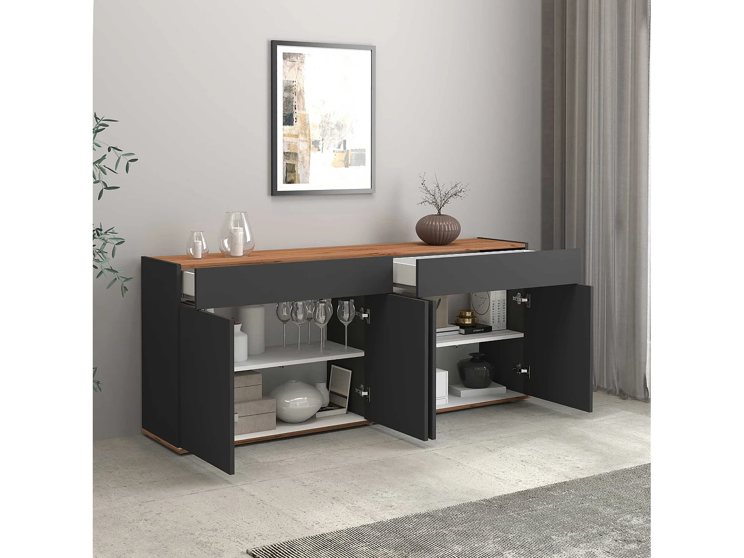 Credenza Garda 4 ante e 2 cassetti antracite opaco e rovere 160,1x35x70 cm