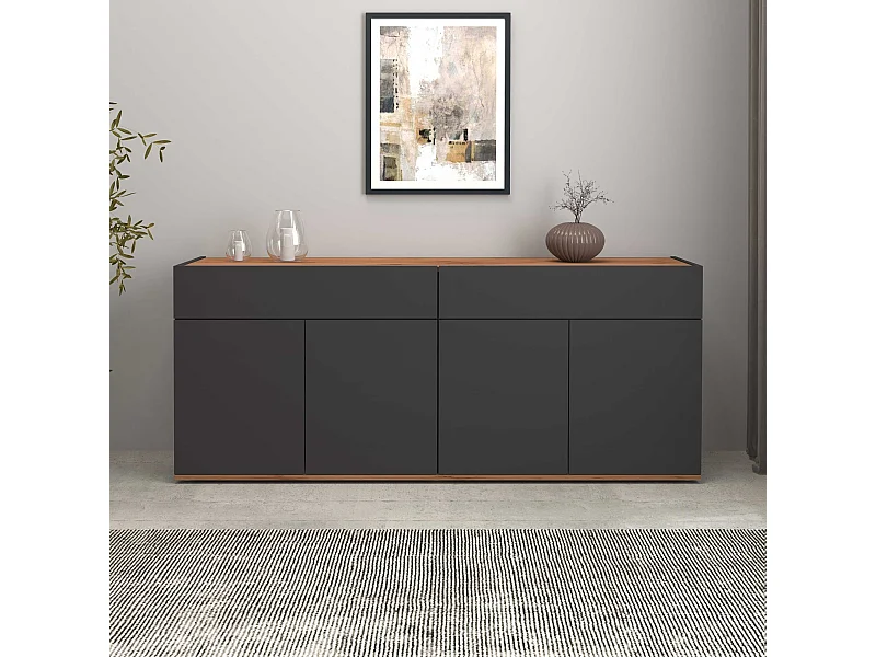 Credenza Garda 4 ante e 2 cassetti antracite opaco e rovere 160,1x35x70 cm
