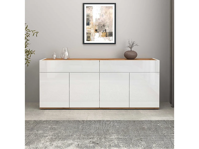 Credenza Garda 4 ante e 2 cassetti bianco lucido e rovere 160,1x35x70 cm