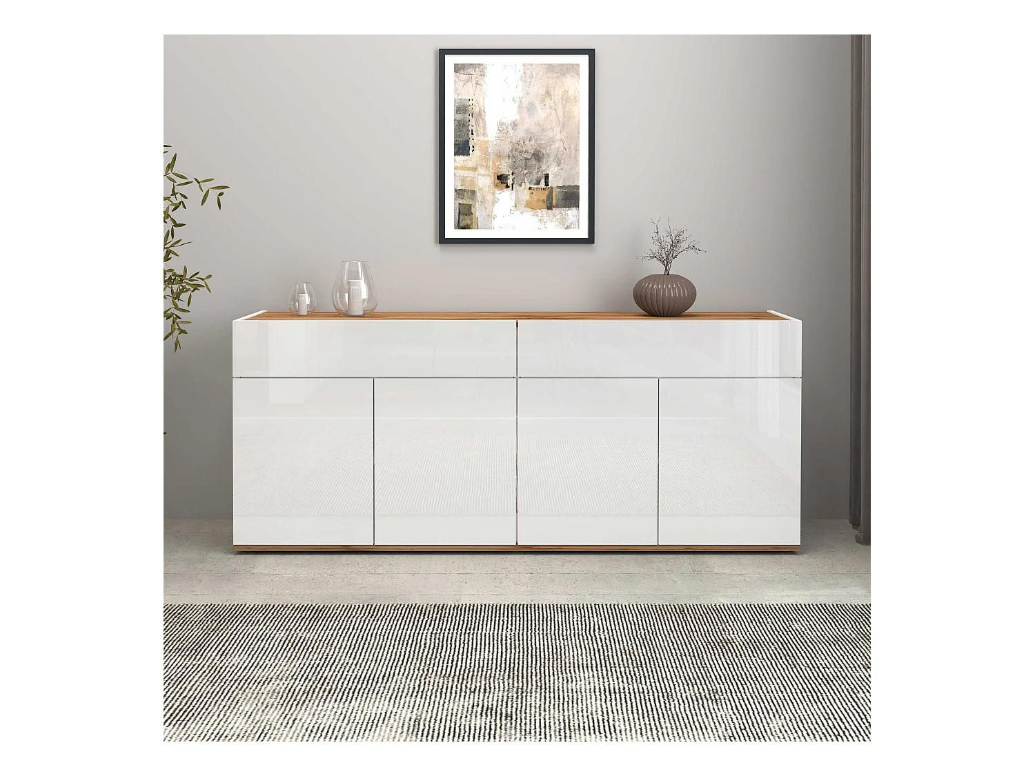 Credenza Garda 4 ante e 2 cassetti bianco lucido e rovere 160,1x35x70 cm
