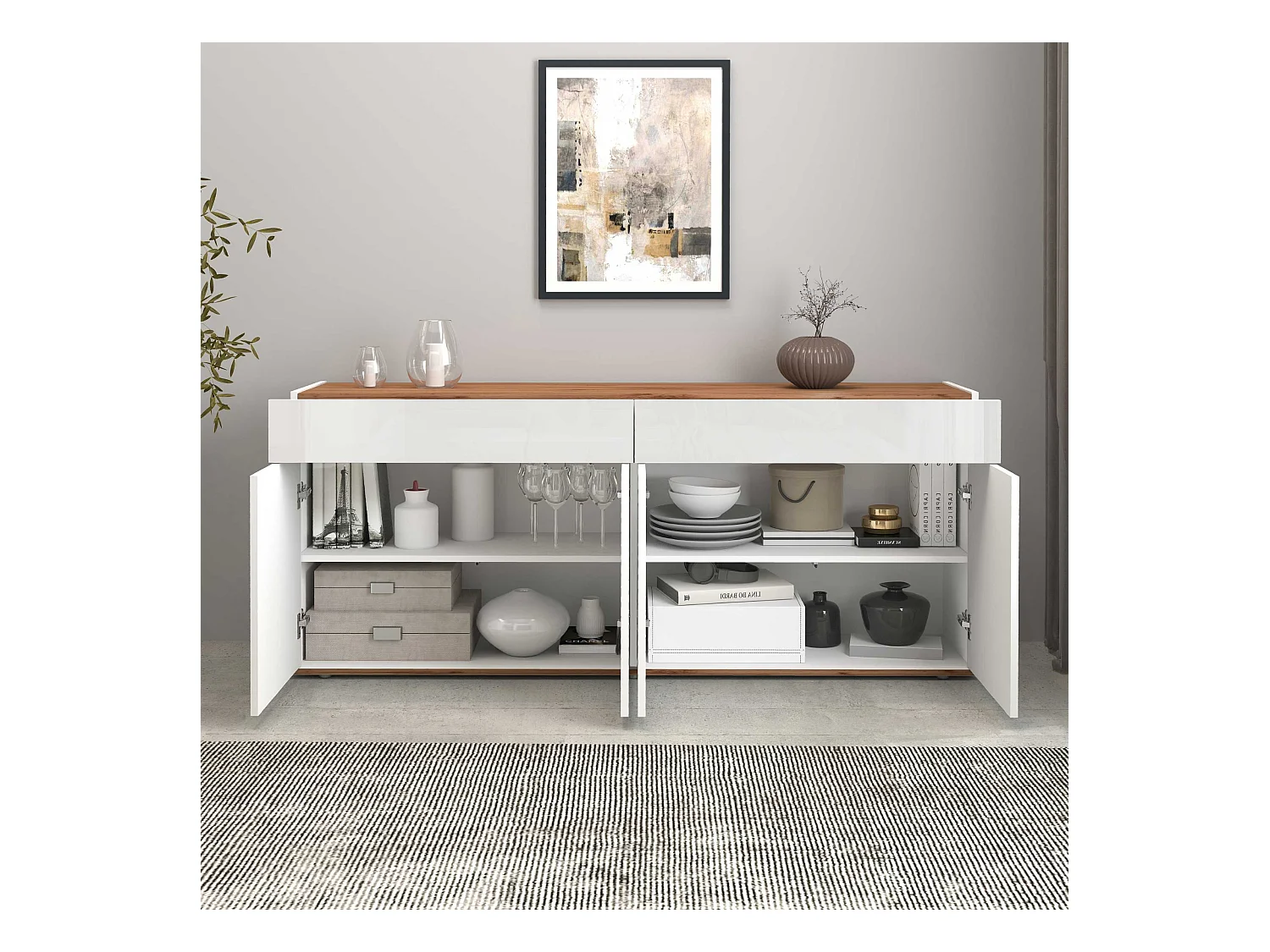 Credenza Garda 4 ante e 2 cassetti bianco lucido e rovere 160,1x35x70 cm