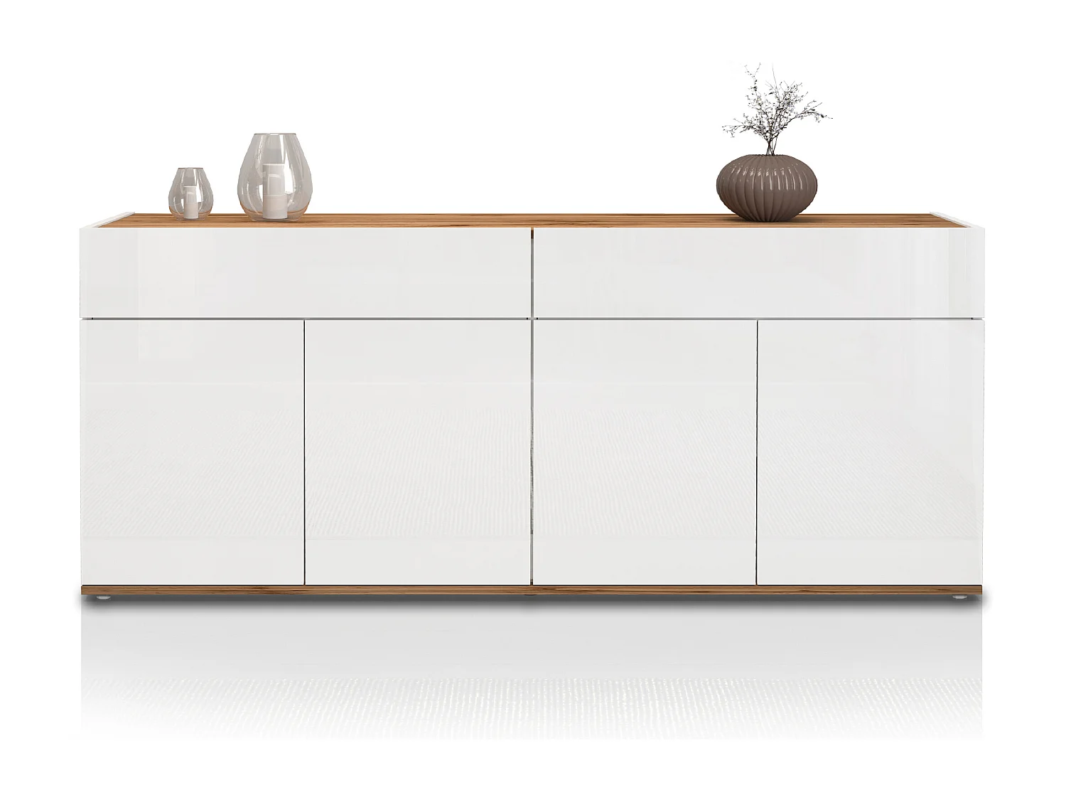 Credenza Garda 4 ante e 2 cassetti bianco lucido e rovere 160,1x35x70 cm