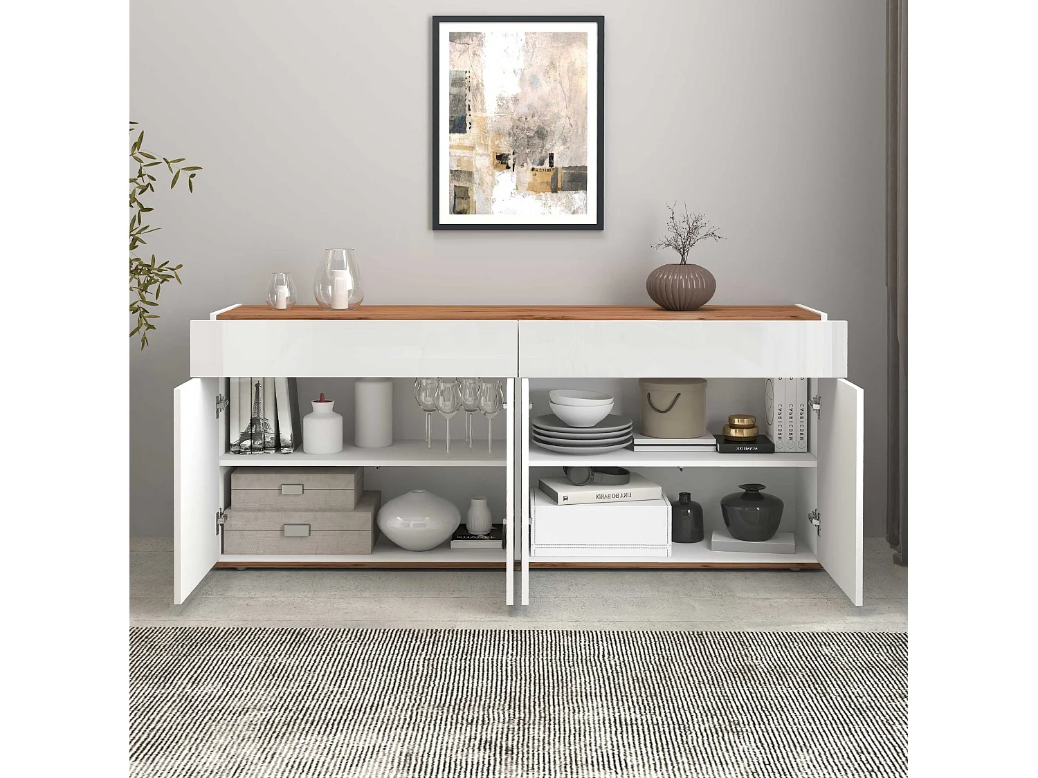 Credenza Garda 4 ante e 2 cassetti bianco lucido e rovere 160,1x35x70 cm