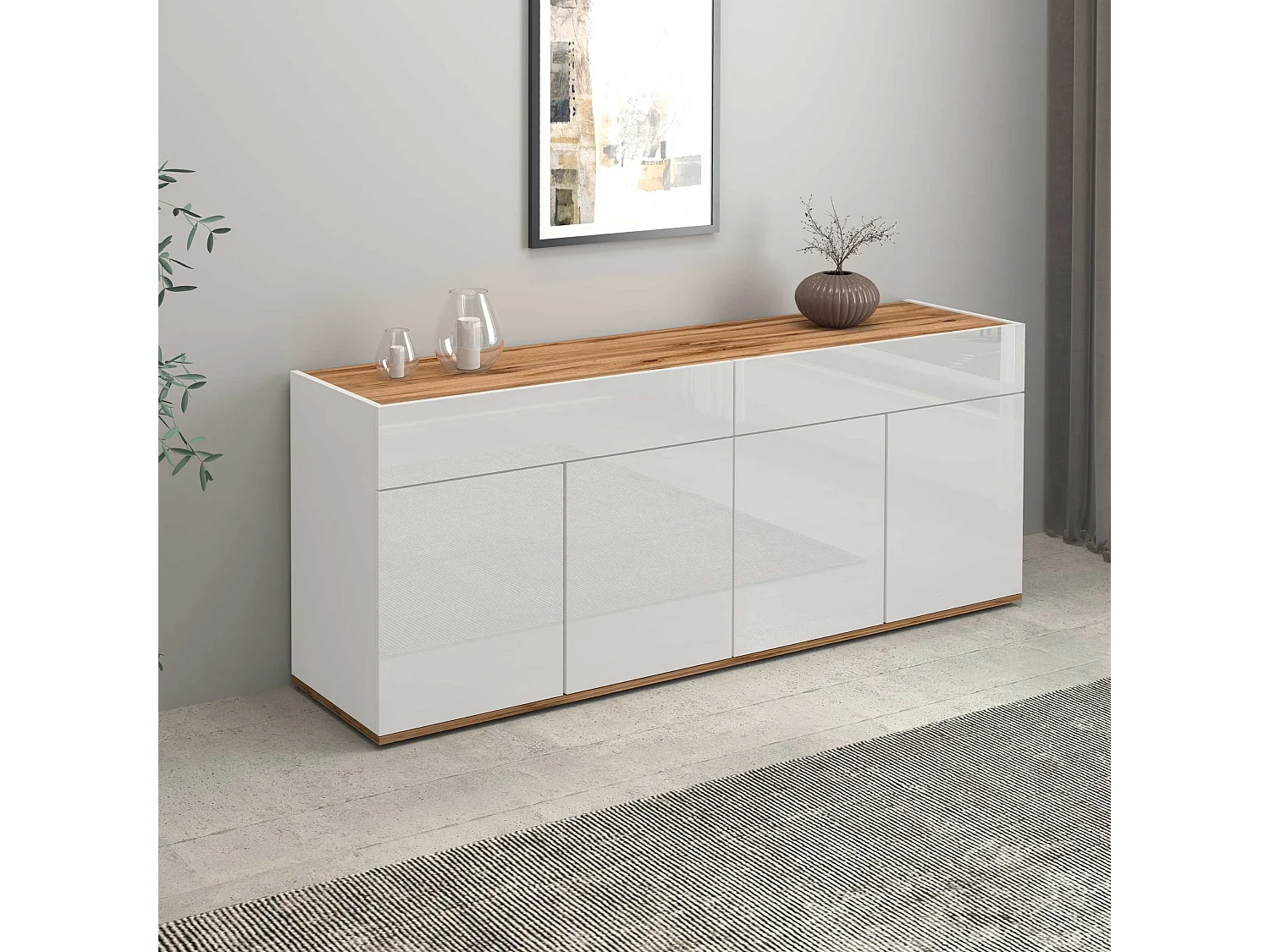 Credenza Garda 4 ante e 2 cassetti bianco lucido e rovere 160,1x35x70 cm