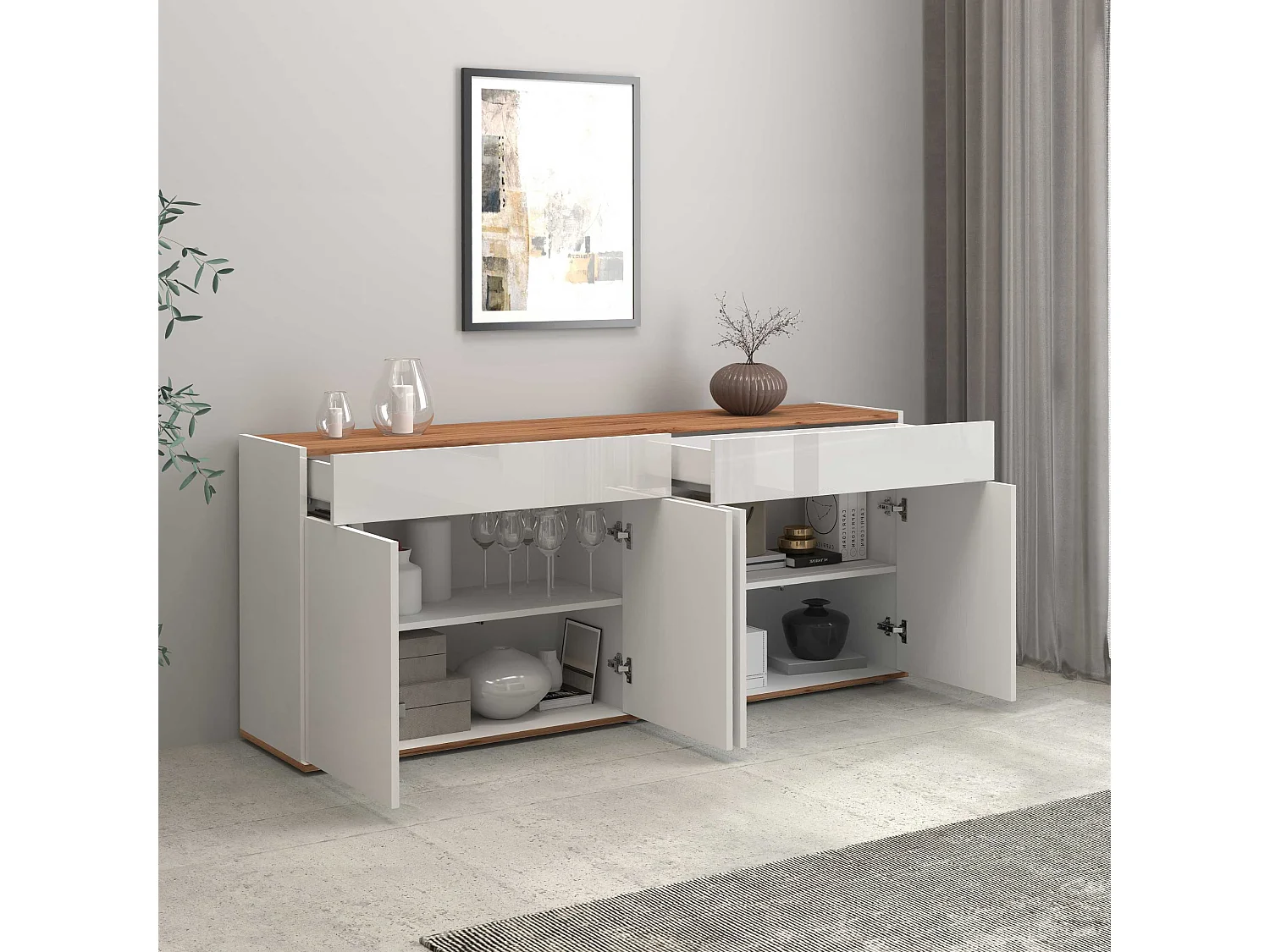 Credenza Garda 4 ante e 2 cassetti bianco lucido e rovere 160,1x35x70 cm