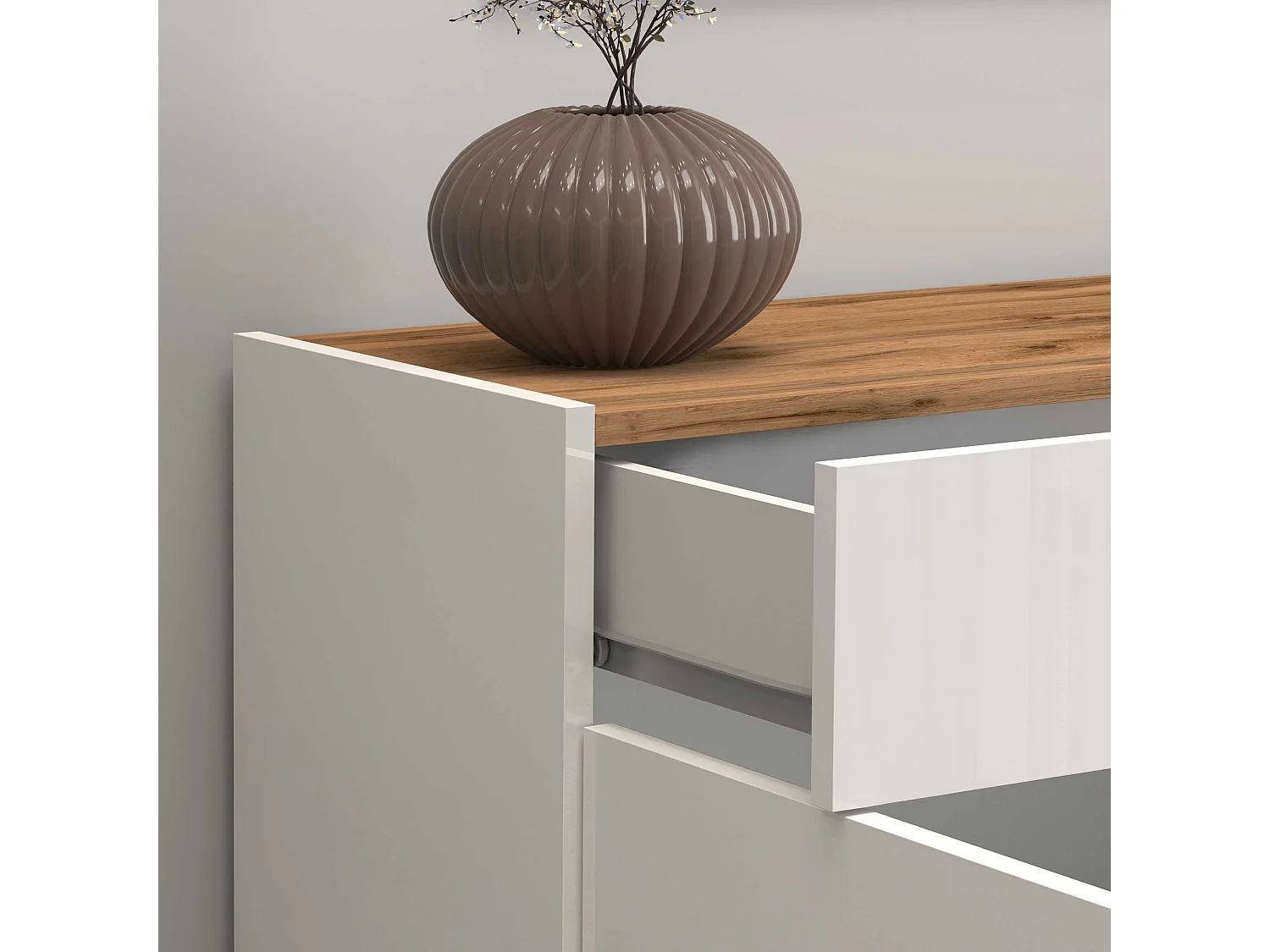 Credenza Garda 4 ante e 2 cassetti bianco lucido e rovere 160,1x35x70 cm