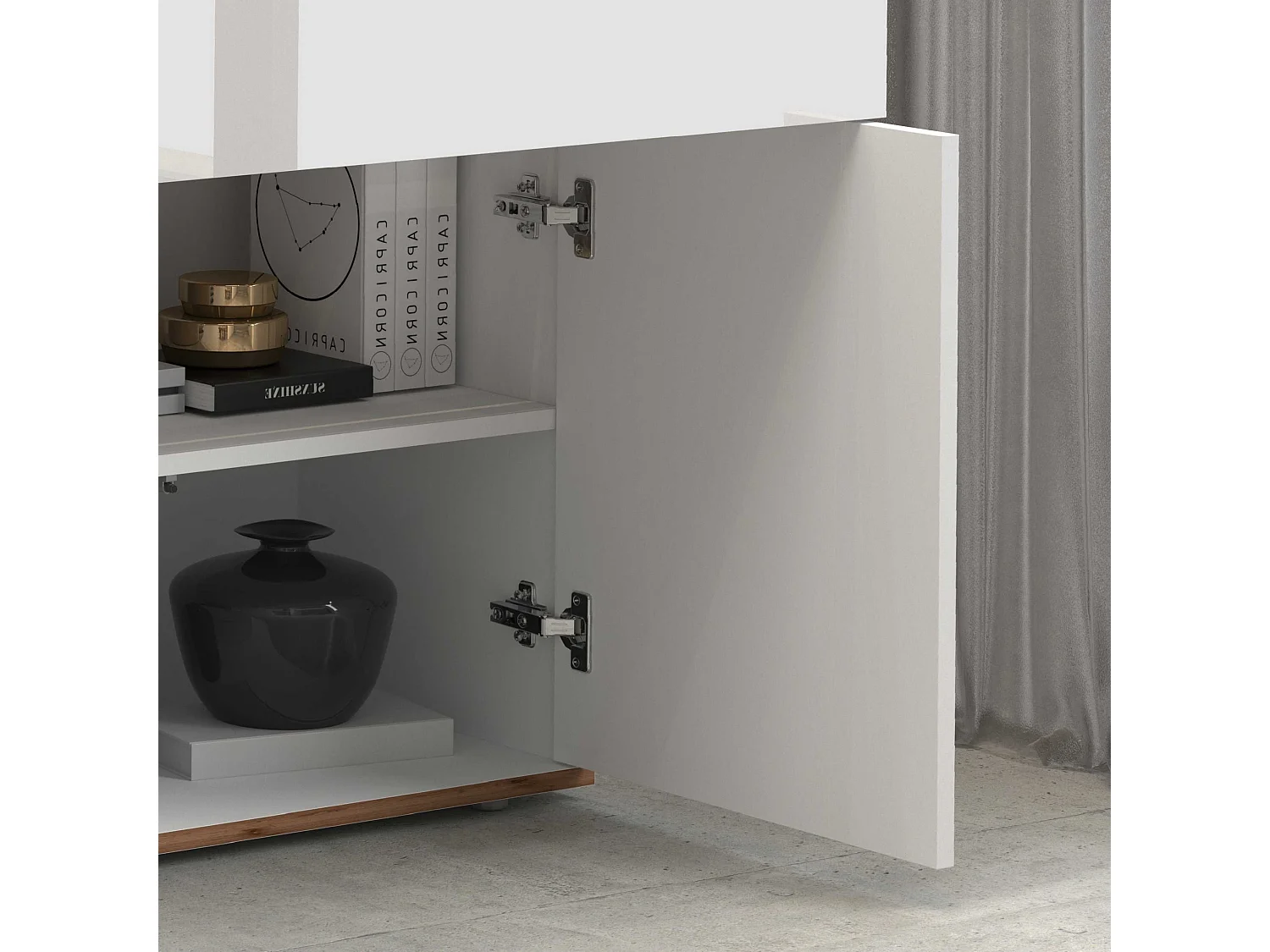 Credenza Garda 4 ante e 2 cassetti bianco lucido e rovere 160,1x35x70 cm