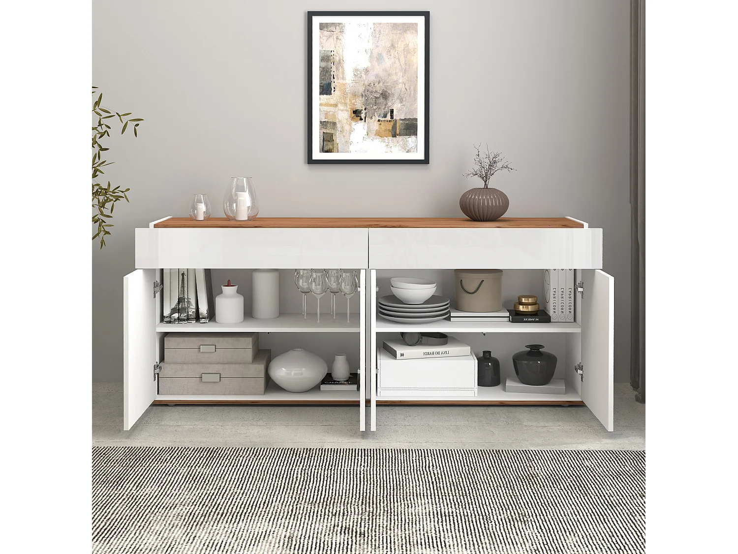 Aparador Garda con 4 puertas y 2 cajones blanco brillo y roble 160,1x35x70 cm