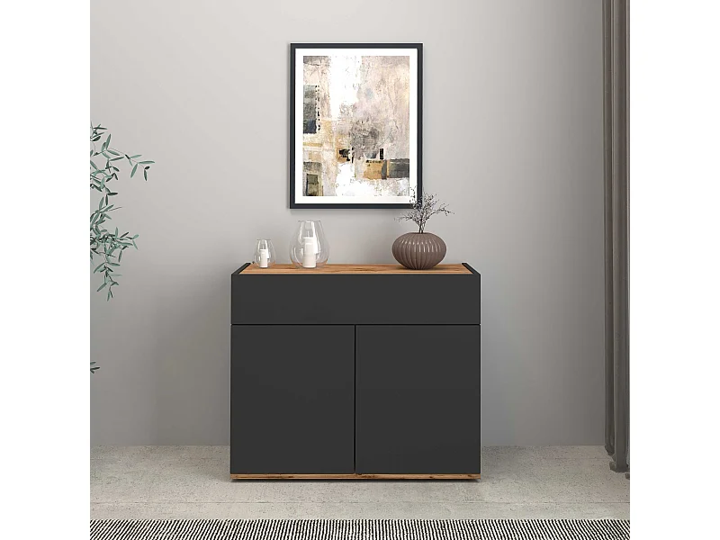 Credenza Garda 2 ante e 1 cassetto antracite opaco e rovere 80,9x35x70 cm
