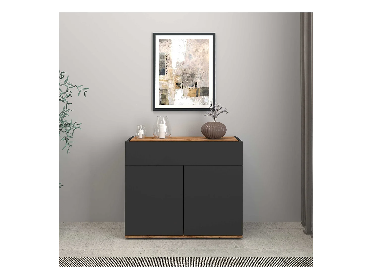 Credenza Garda 2 ante e 1 cassetto antracite opaco e rovere 80,9x35x70 cm