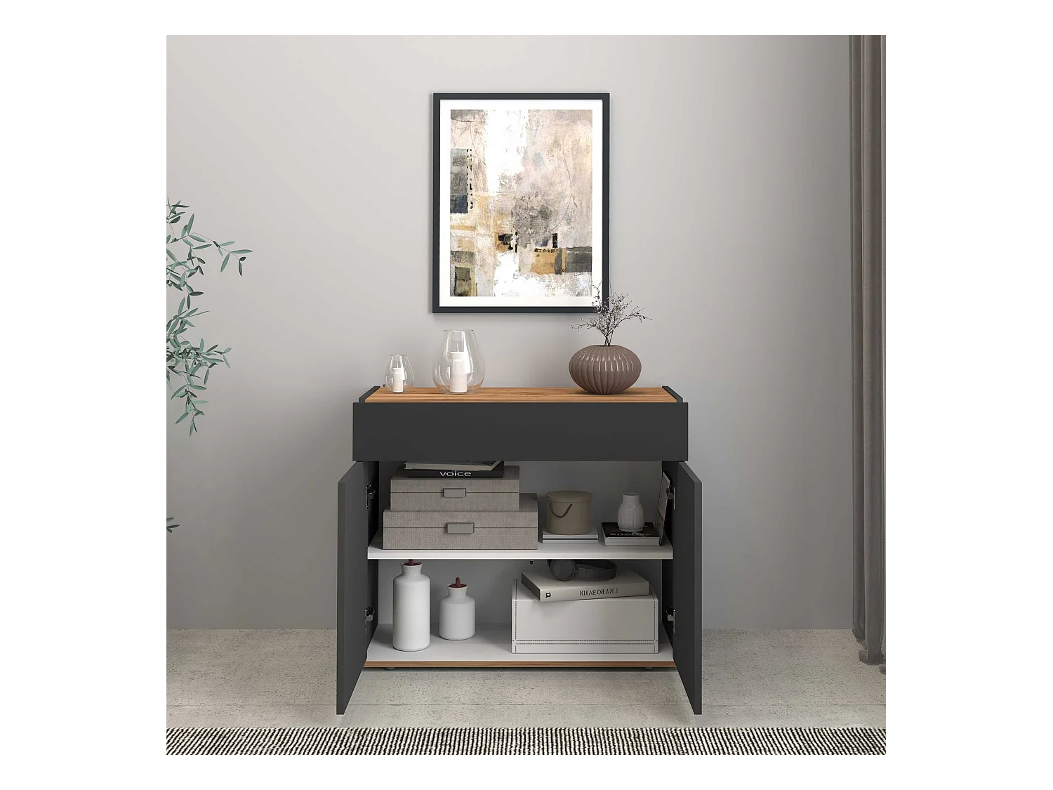 Credenza Garda 2 ante e 1 cassetto antracite opaco e rovere 80,9x35x70 cm