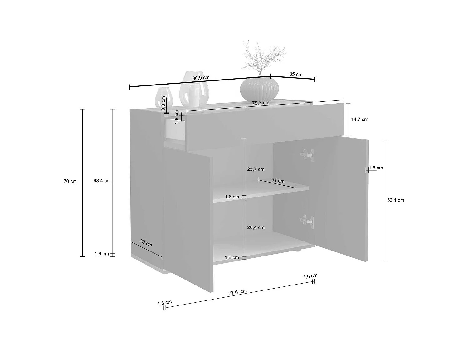 Credenza Garda 2 ante e 1 cassetto antracite opaco e rovere 80,9x35x70 cm
