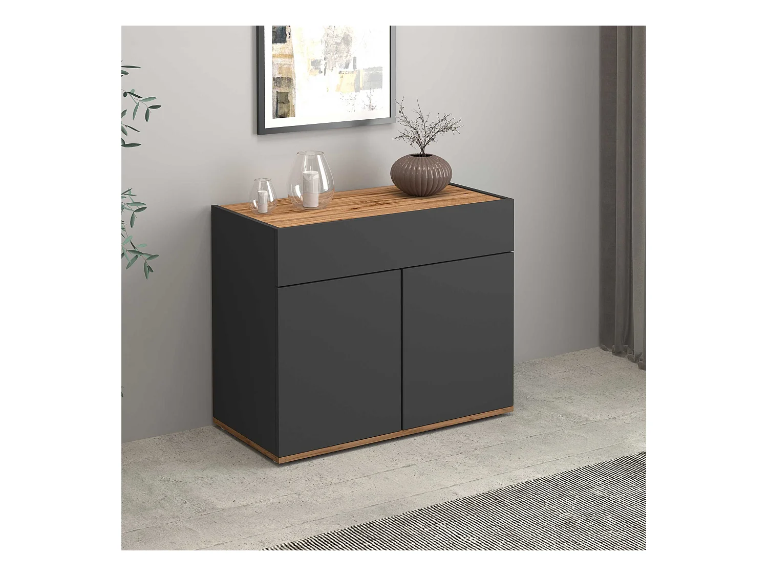 Credenza Garda 2 ante e 1 cassetto antracite opaco e rovere 80,9x35x70 cm