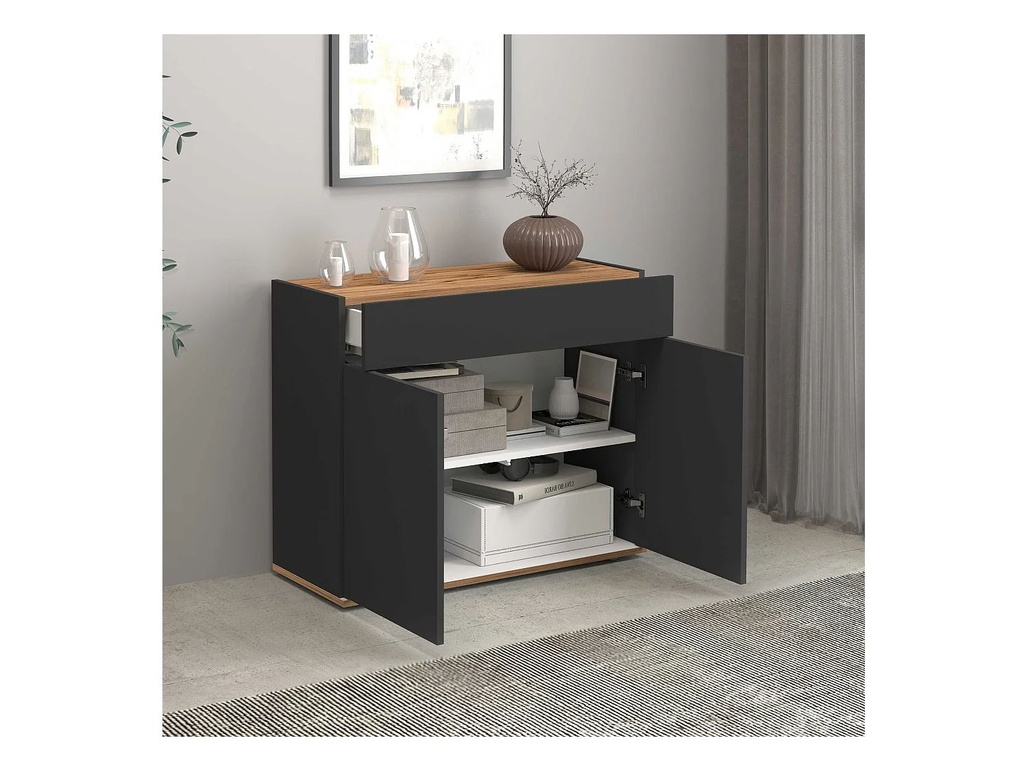Credenza Garda 2 ante e 1 cassetto antracite opaco e rovere 80,9x35x70 cm