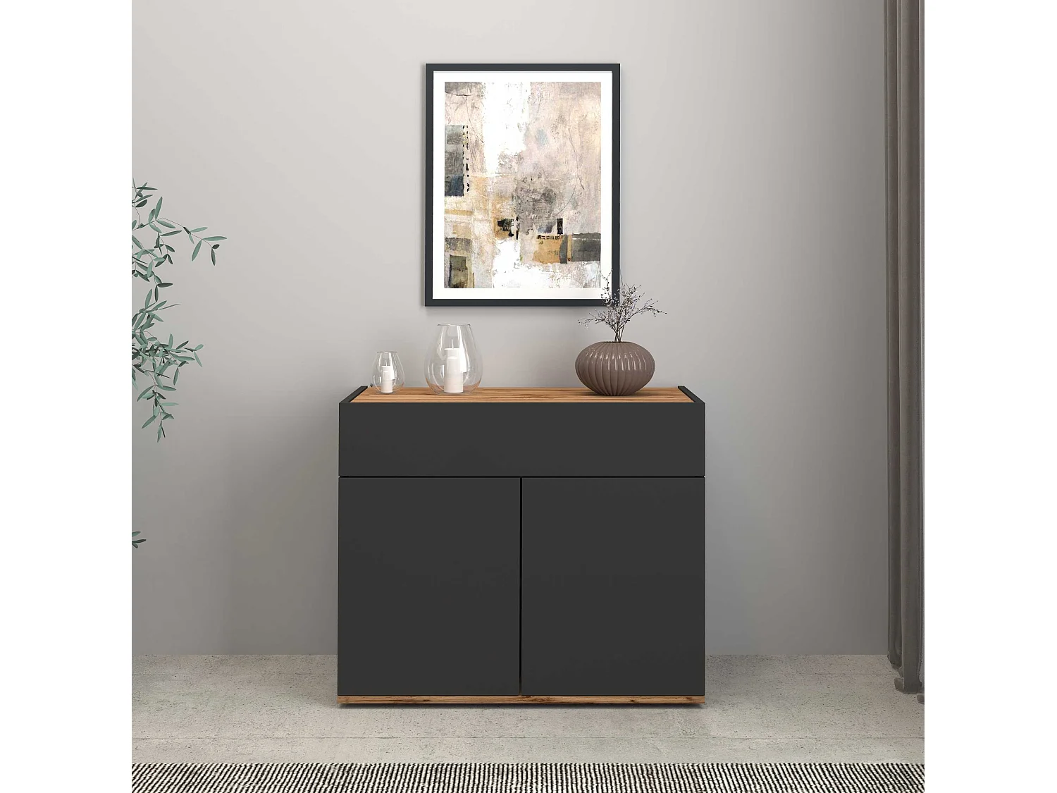Credenza Garda 2 ante e 1 cassetto antracite opaco e rovere 80,9x35x70 cm