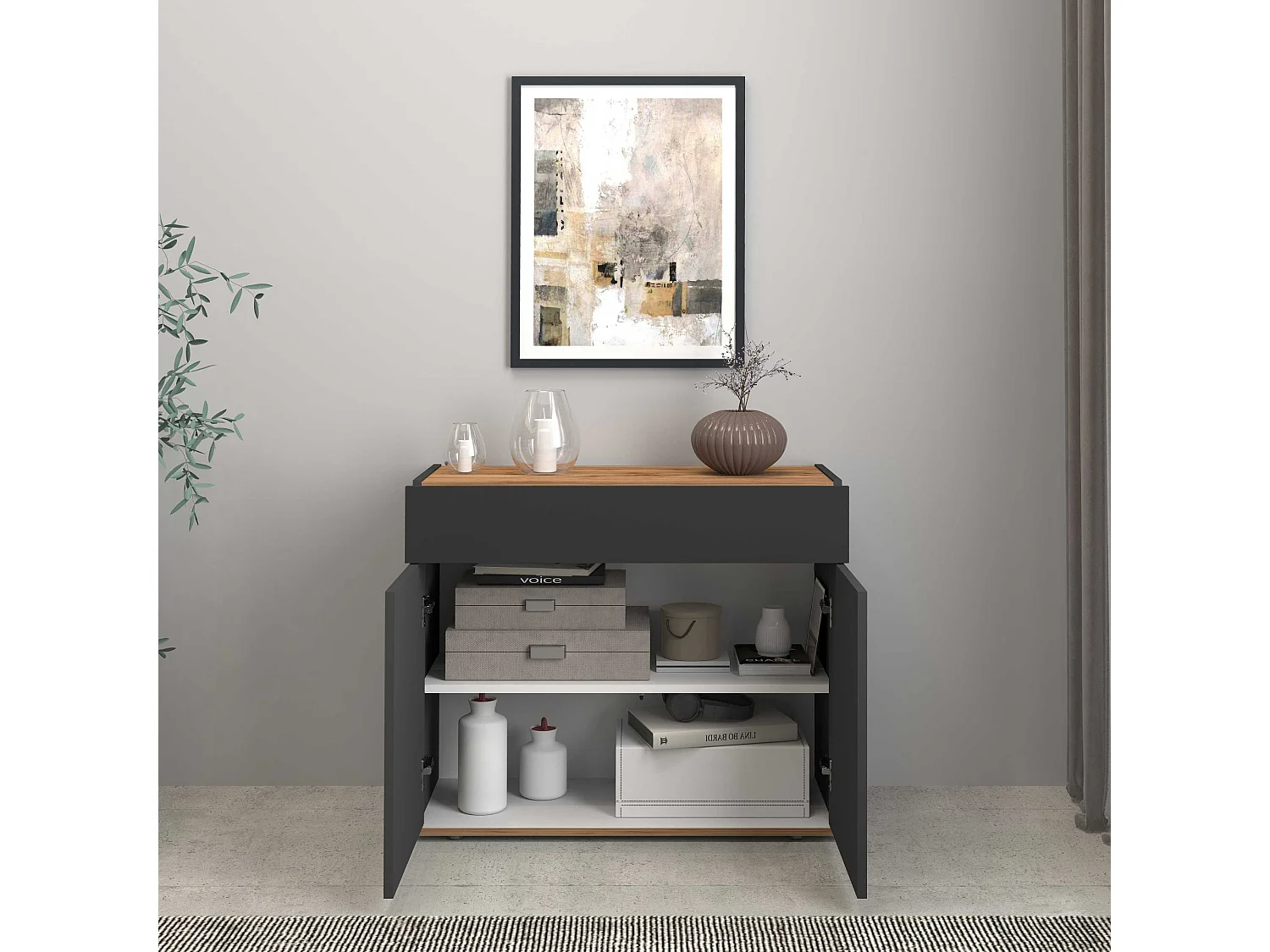 Credenza Garda 2 ante e 1 cassetto antracite opaco e rovere 80,9x35x70 cm