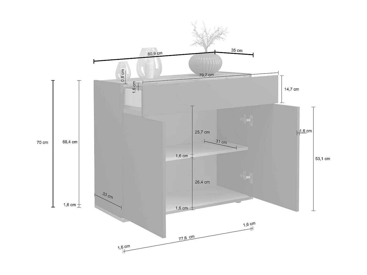 Credenza Garda 2 ante e 1 cassetto antracite opaco e rovere 80,9x35x70 cm