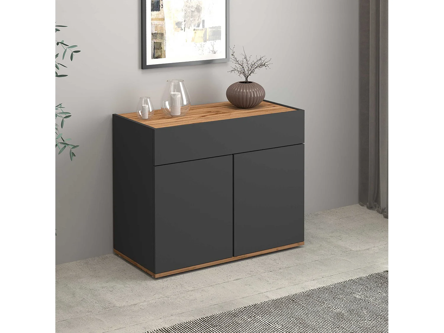 Credenza Garda 2 ante e 1 cassetto antracite opaco e rovere 80,9x35x70 cm