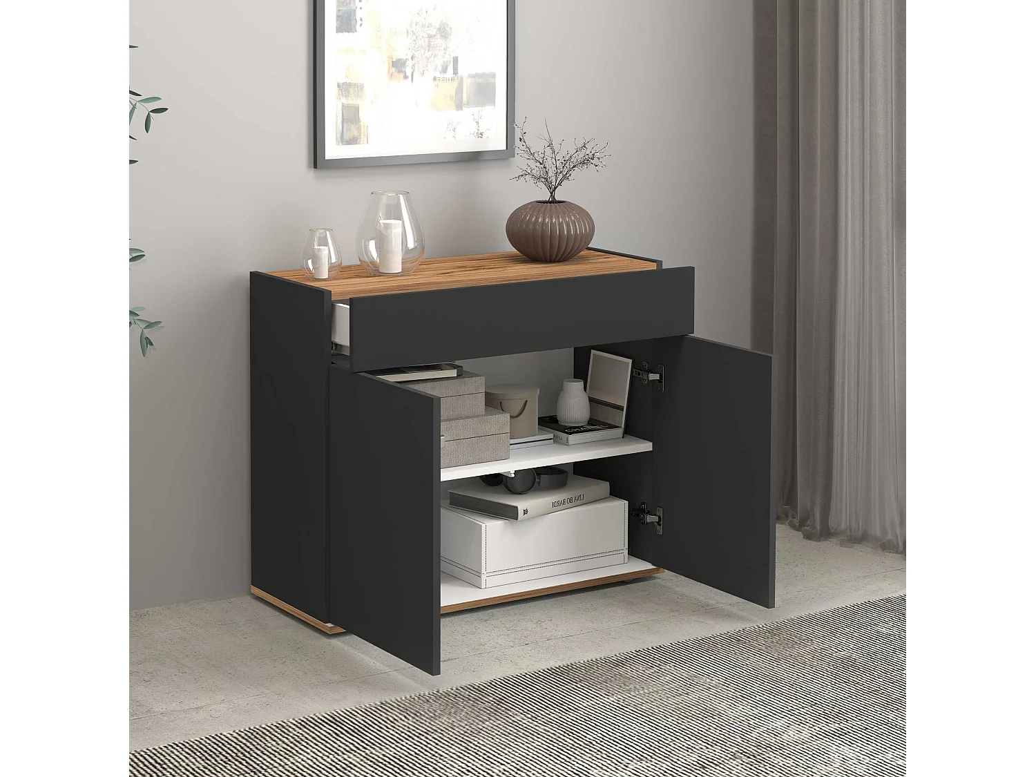 Credenza Garda 2 ante e 1 cassetto antracite opaco e rovere 80,9x35x70 cm