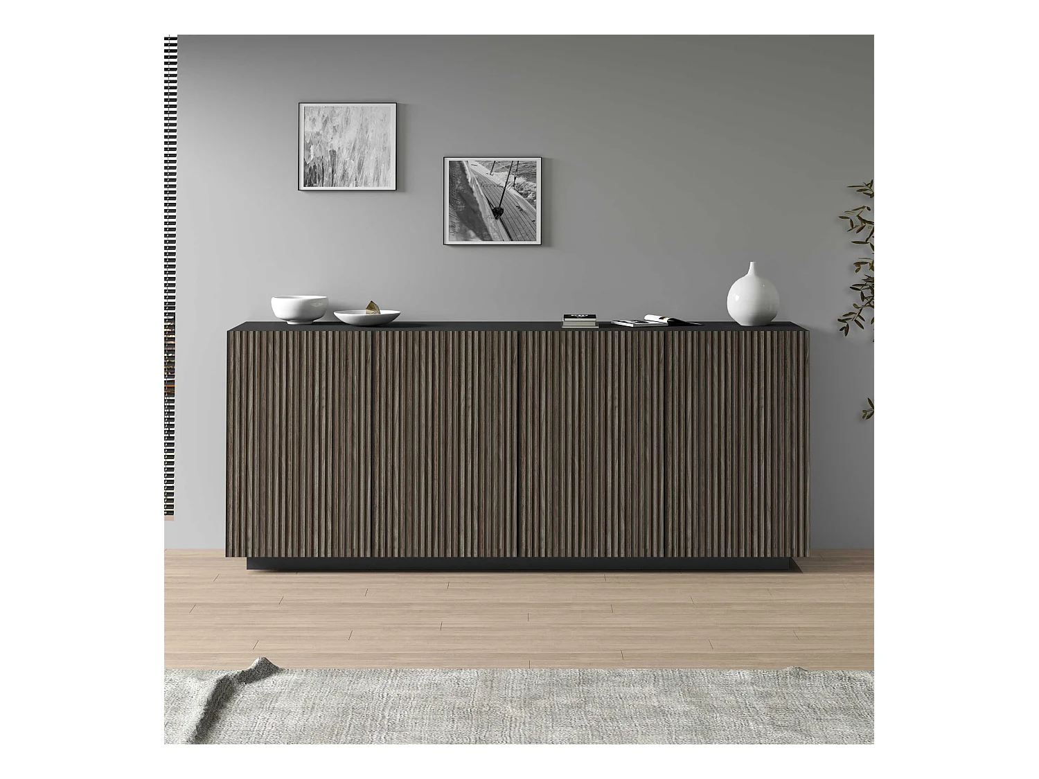 Credenza Coste a 4 ante effetto cannetè antracite opaco e legno scuro 200x43x86 cm