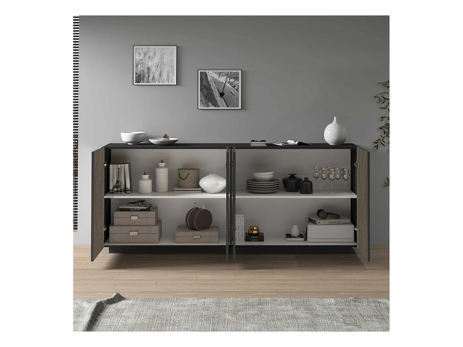 Credenza Coste a 4 ante effetto cannetè antracite opaco e legno scuro 200x43x86 cm