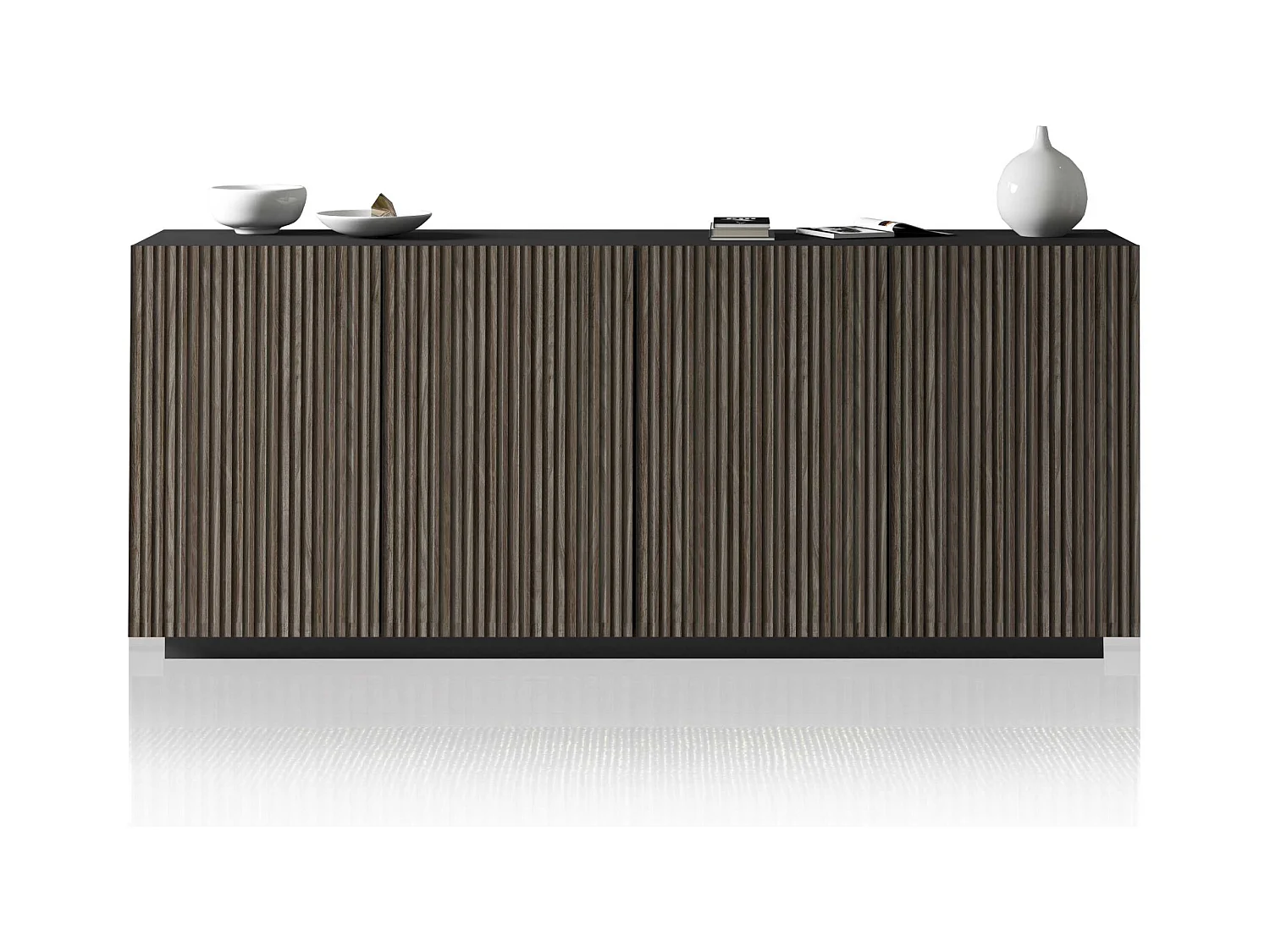 Credenza Coste a 4 ante effetto cannetè antracite opaco e legno scuro 200x43x86 cm