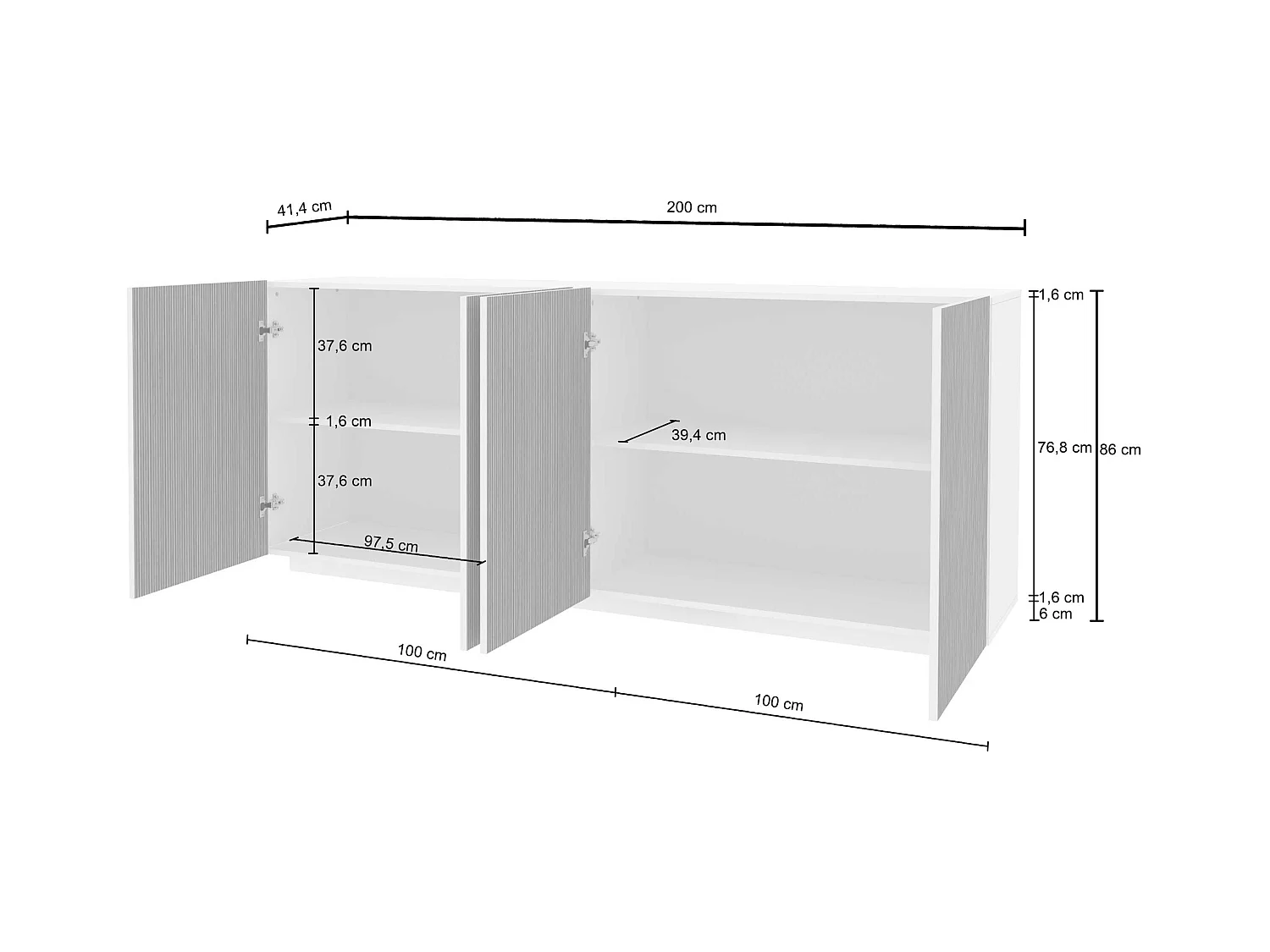 Credenza Coste a 4 ante effetto cannetè antracite opaco e legno scuro 200x43x86 cm