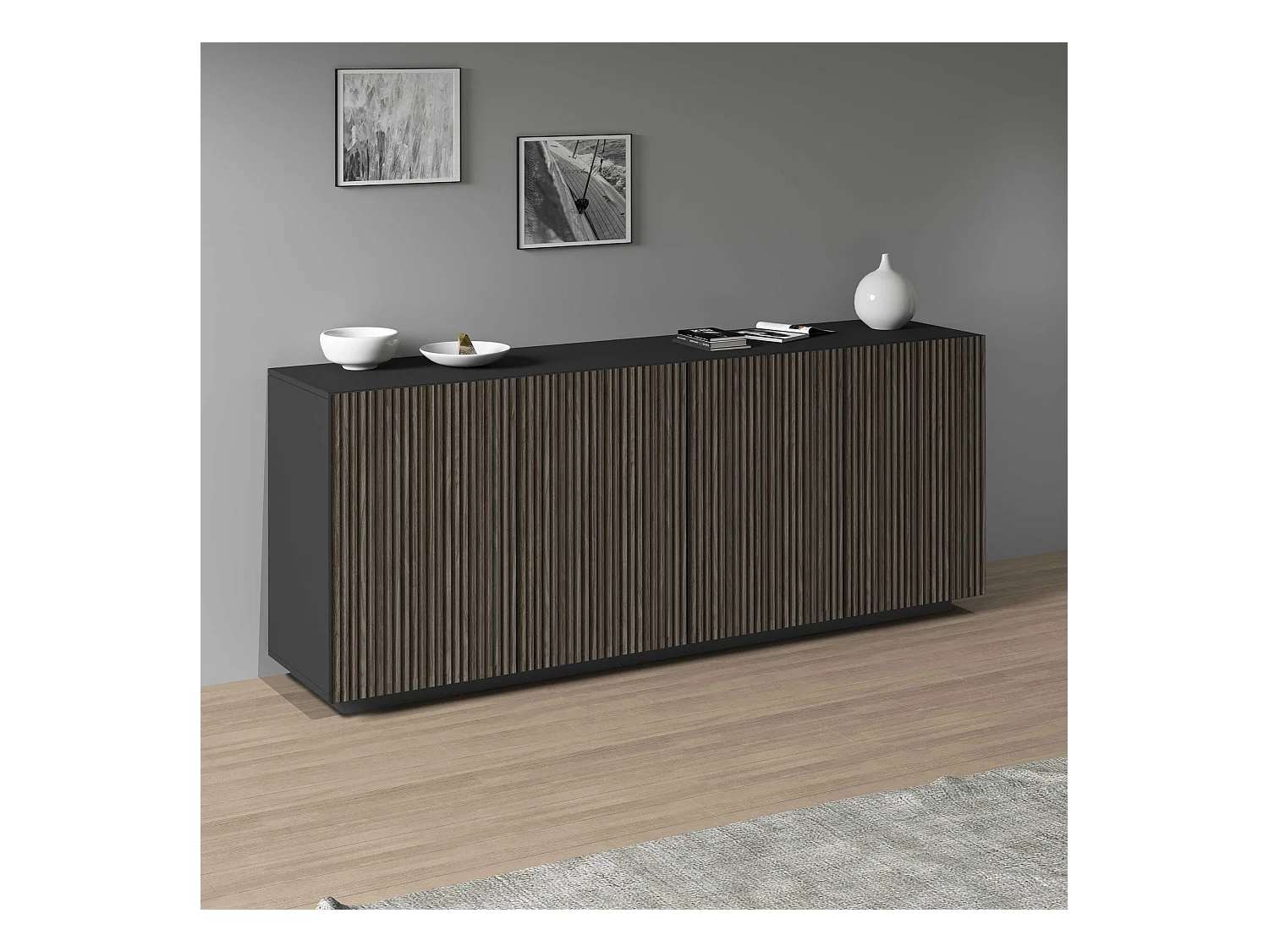 Credenza Coste a 4 ante effetto cannetè antracite opaco e legno scuro 200x43x86 cm