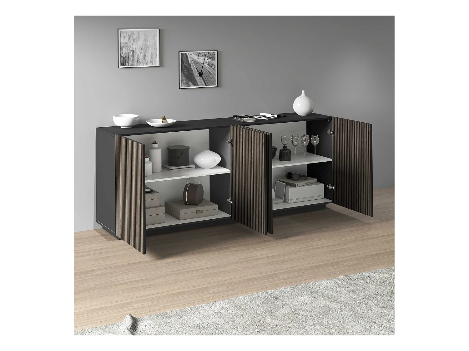 Credenza Coste a 4 ante effetto cannetè antracite opaco e legno scuro 200x43x86 cm