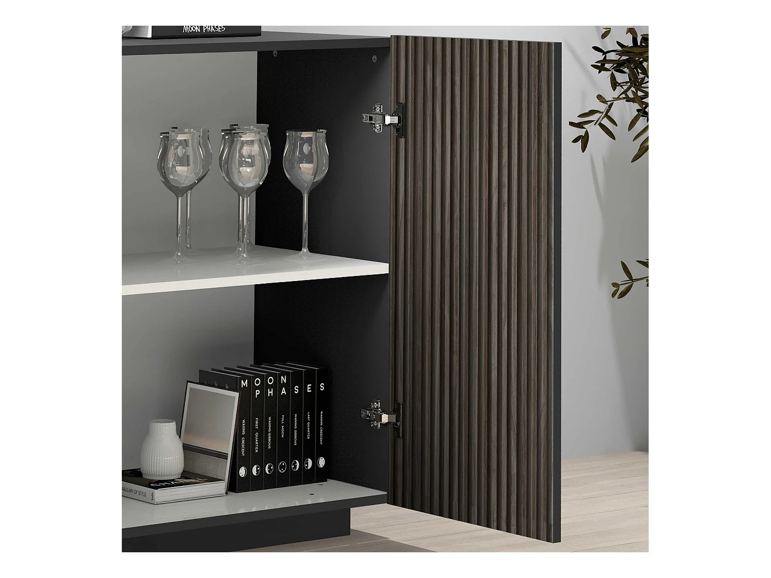 Credenza Coste a 4 ante effetto cannetè antracite opaco e legno scuro 200x43x86 cm