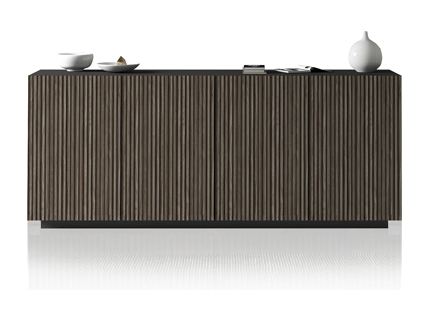 Buffet Coste à 4 portes effet cannelé couleur anthracite mat et bois foncé 200x43x86 cm