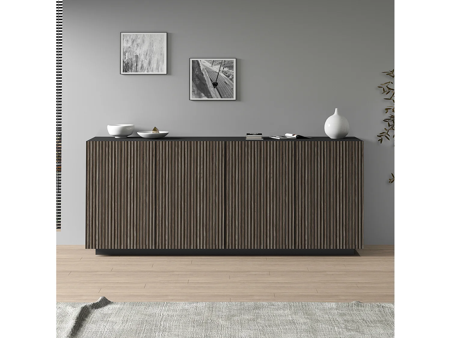 Buffet Coste à 4 portes effet cannelé couleur anthracite mat et bois foncé 200x43x86 cm