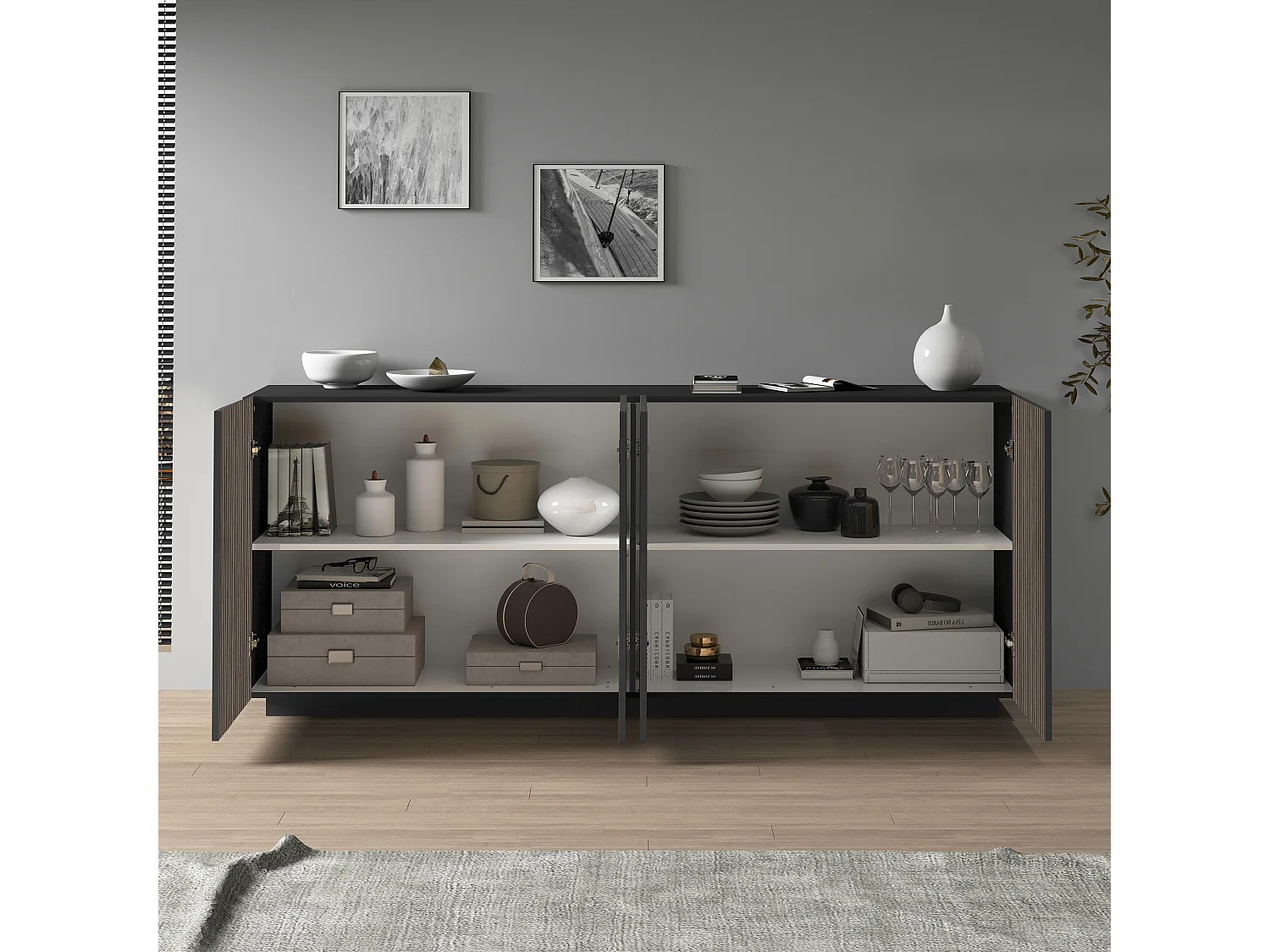 Buffet Coste à 4 portes effet cannelé couleur anthracite mat et bois foncé 200x43x86 cm