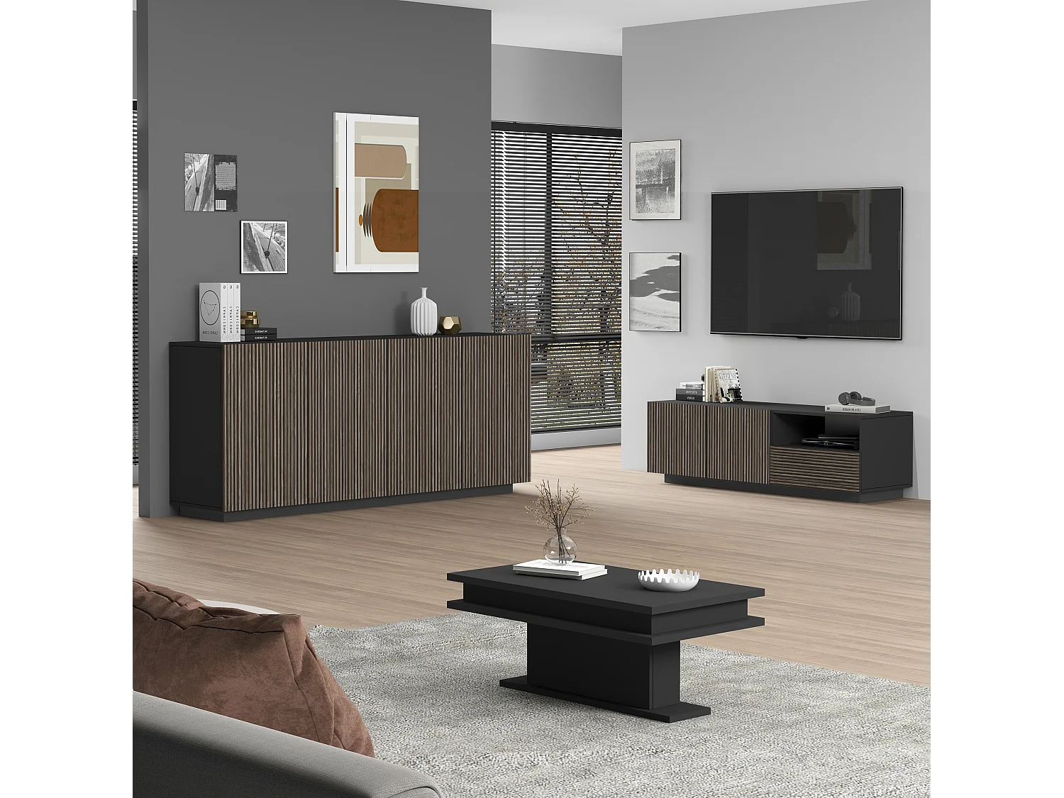 Buffet Coste à 4 portes effet cannelé couleur anthracite mat et bois foncé 200x43x86 cm