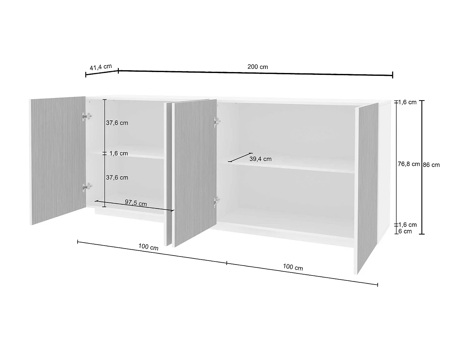 Buffet Coste à 4 portes effet cannelé couleur anthracite mat et bois foncé 200x43x86 cm