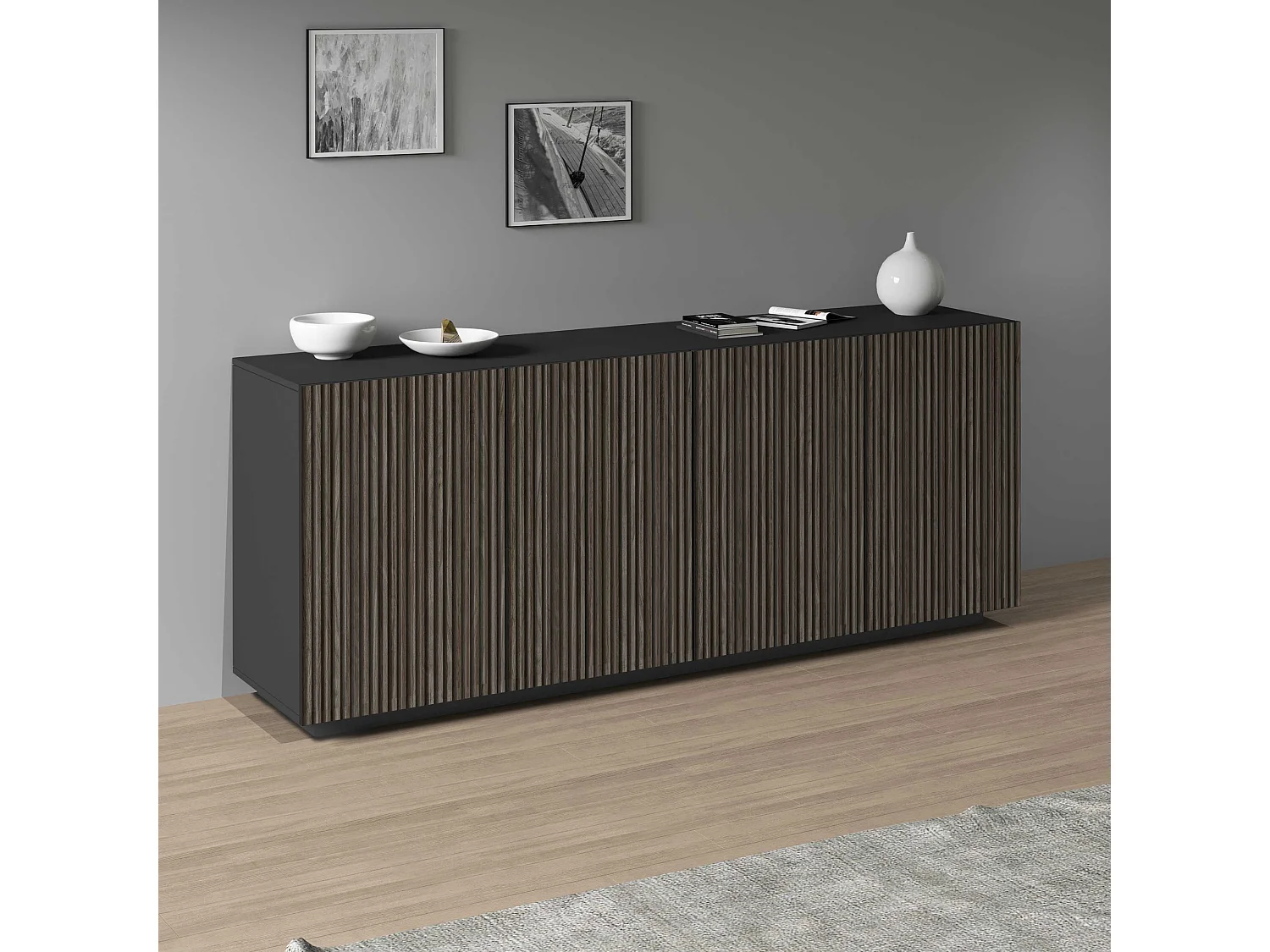 Buffet Coste à 4 portes effet cannelé couleur anthracite mat et bois foncé 200x43x86 cm