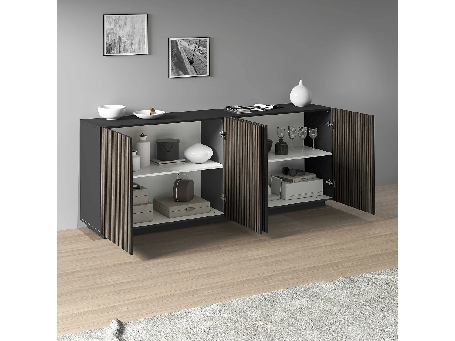 Buffet Coste à 4 portes effet cannelé couleur anthracite mat et bois foncé 200x43x86 cm